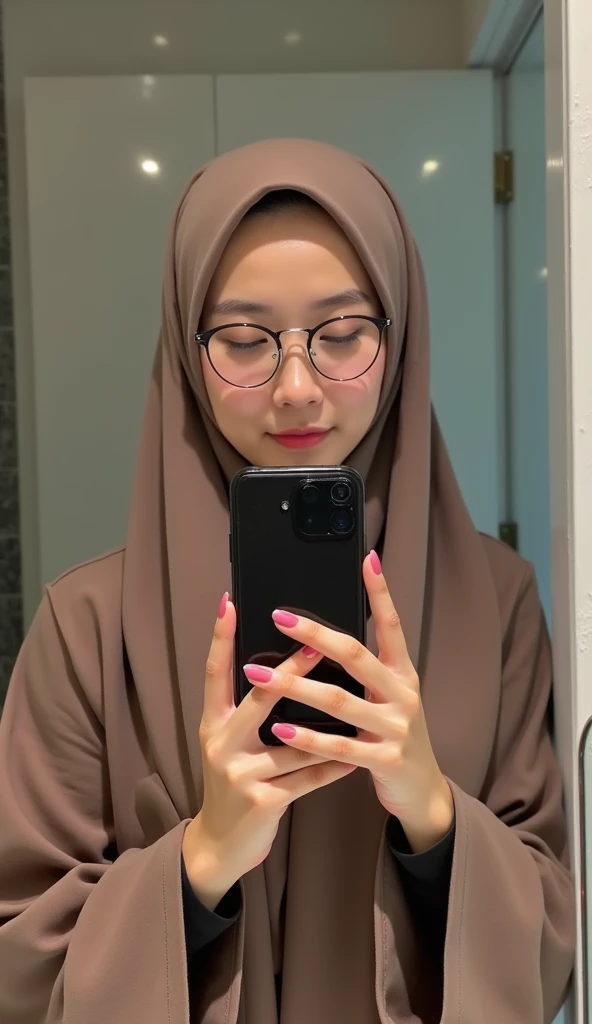 A young woman body perfect wearing a hijab and a black and white striped blouse taking a mirror selfie. She is standing in front of a round mirror with a black frame, holding her I phone with one hand while wearing a smart watch. The background shows a wooden door with vertical panels and a window with grid design. The setting has a modern and stylish vibe with a mix of textures, including the smooth black frame of the mirror, wooden surfaces, and a light-colored textured wall. The woman has a neutral expression, and the lighting is soft, creating a warm ambiance. Style Of vivid Photografy 8K Resolations
