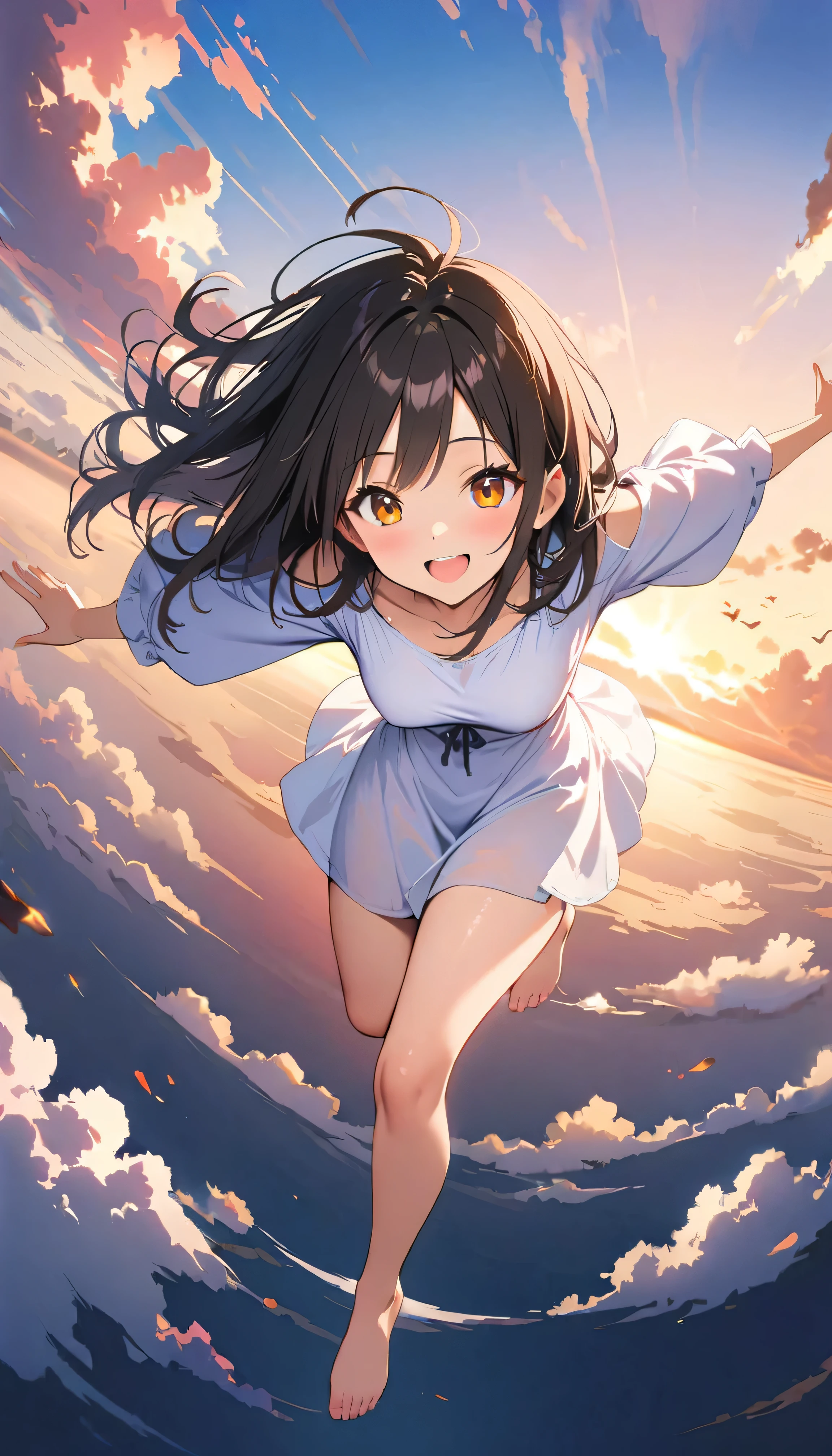 Highest quality, Very detailed, up to date, Vibrant, masterpiece, Highest quality, Best aesthetics, Floating in the sky, on the clouds, Pastel clouds, fly in the sky, Blurred Background, Above, One woman, Black Hair, full body shot, smile, big smile, Get excited, barefoot, Dynamic Angle, dynamic, Floating, Dynamic pose, White Dress, The wind is blowing, Vivid light, Colorful Scenes, momentum, lens flare