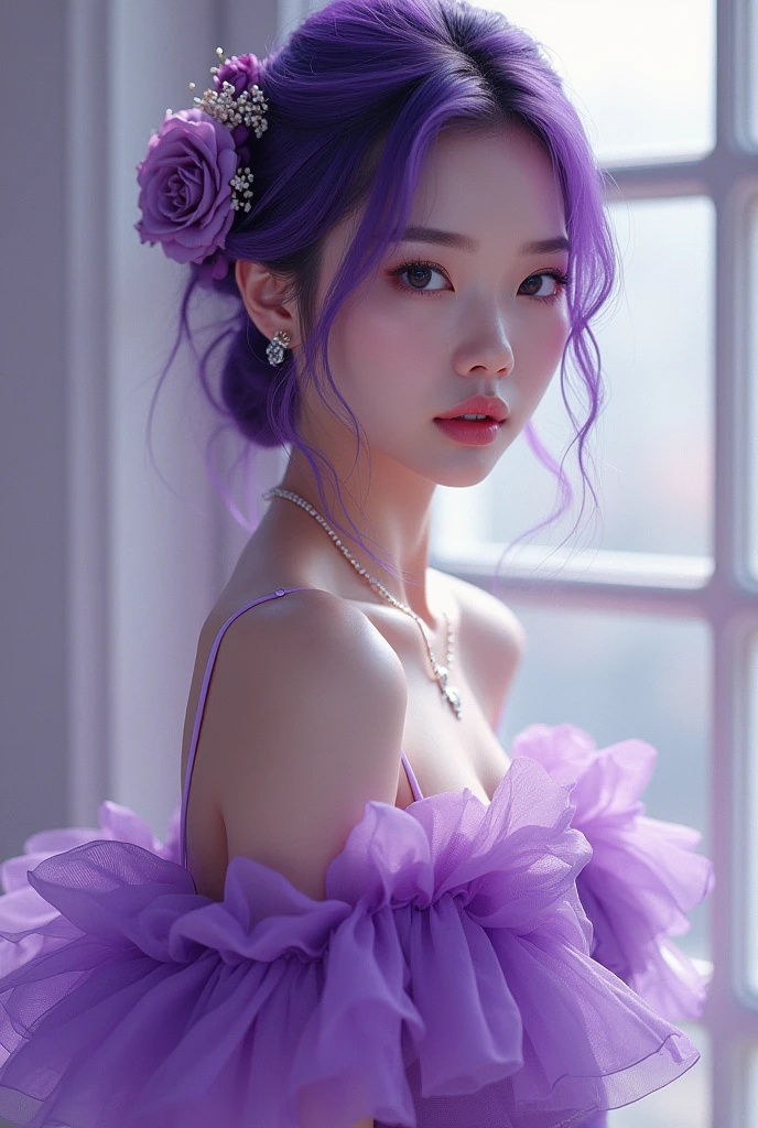 best quality, masterpiece, highres, 1girl, Yun Xi, multicolored dress, hair accessories, purple eyes, long hair, purple hair, earrings, mouth mask, face mask, nsfw, (nude), (nipples), (small breasts:1.2), jewelry,Beautiful face,upon_body, tyndall effect,photorealistic, dark studio, rim lighting, two tone lighting,(high detailed skin:1.2), 8k uhd, dslr, soft lighting, high quality, volumetric lighting, candid, Photograph, high resolution, 4k, 8k, outdoors,