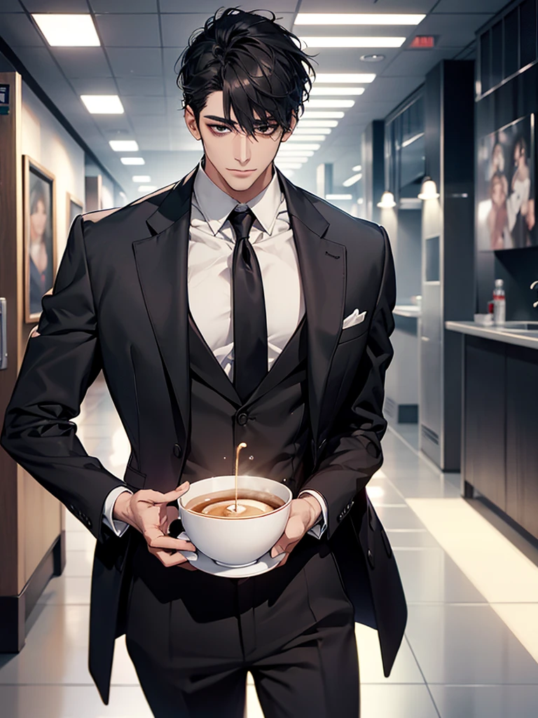 1boy, face focus, adult, business suit, jacket, white shirt, necktie, pants, best quality, hires, detailed face, office, buildings from window, detailed background, diffused sunlight, depth of field, bokeh，1 male, 25 years old British male,  emerald eyes, black hair, well-fitting suit
Holding a cup of espresso in his hand