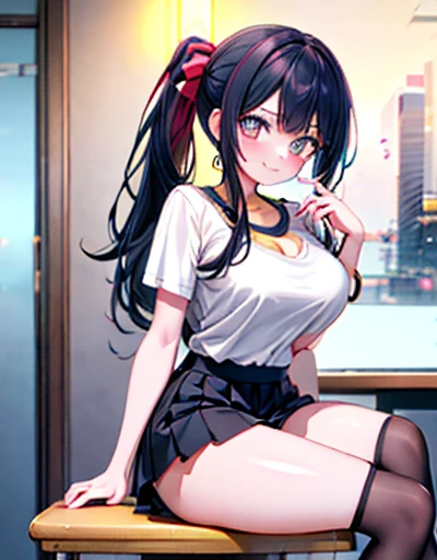 (masterpiece, best quality, high resolution, animescreencap, anime colored,), (perfect anatomy, beautiful detailed eyes, beautiful detailed body, beautiful breast, shiny skin), full-body, 1girl, hoshino ai, jewelry, earrings, red lips, medium breasts,  cropped shirt, mini pleated skirt, cleavage , student ,  underboob, 
black thighhighs, long hair, small breasts, smiling,large eyes , looking at viewer, blushing, night , office , sitting, crossing legs, doing ponytail , 
