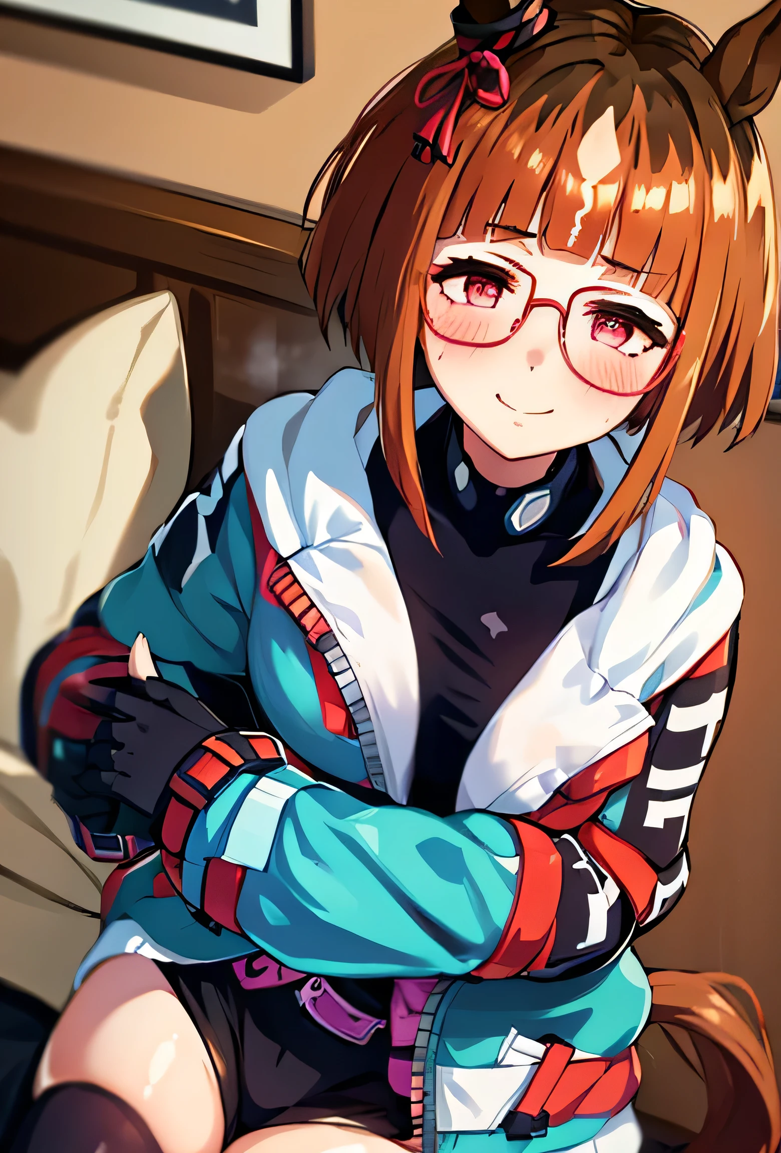 1girl,solo,transcend \(umamusume\),glasses,front view,smirk,black thighhighs, blue coat, ear ornament, black gloves, hooded jacket, open jacket, open clothes, blue jacket, long sleeves, belt, black skirt,indoor,shiny skin, shiny,ai-generated,,beautiful eyes,masterpiece,best quality,highres,4k,8k,