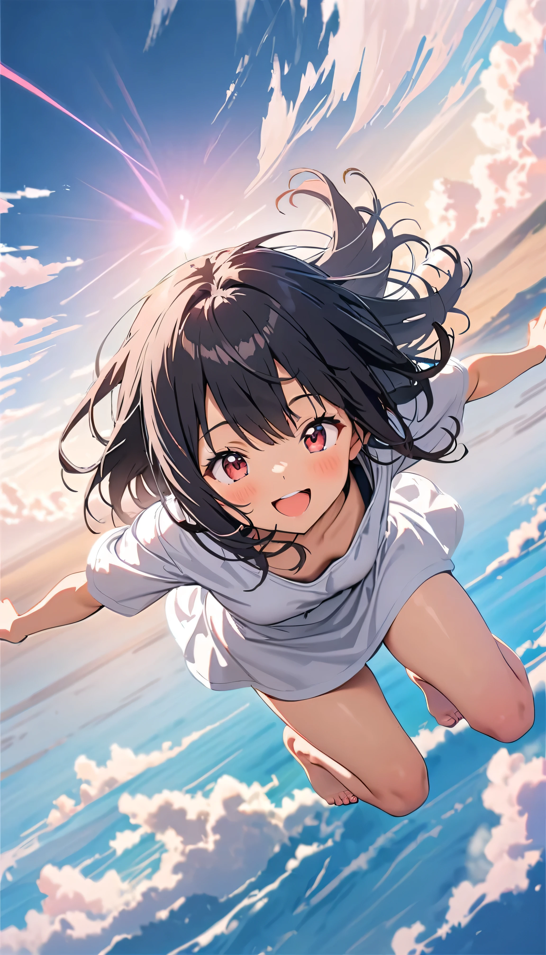 Highest quality, Very detailed, up to date, Vibrant, masterpiece, Highest quality, Best aesthetics, Floating in the sky, on the clouds, Pastel clouds, fly in the sky, Blurred Background, Above, One woman, Black Hair, full body shot, smile, big smile, Get excited, flat chested, short stature, very young, barefoot, Dynamic Angle, dynamic, Floating, Dynamic pose, (((White Dress))), The wind is blowing, Vivid light, Colorful Scenes, momentum, lens flare