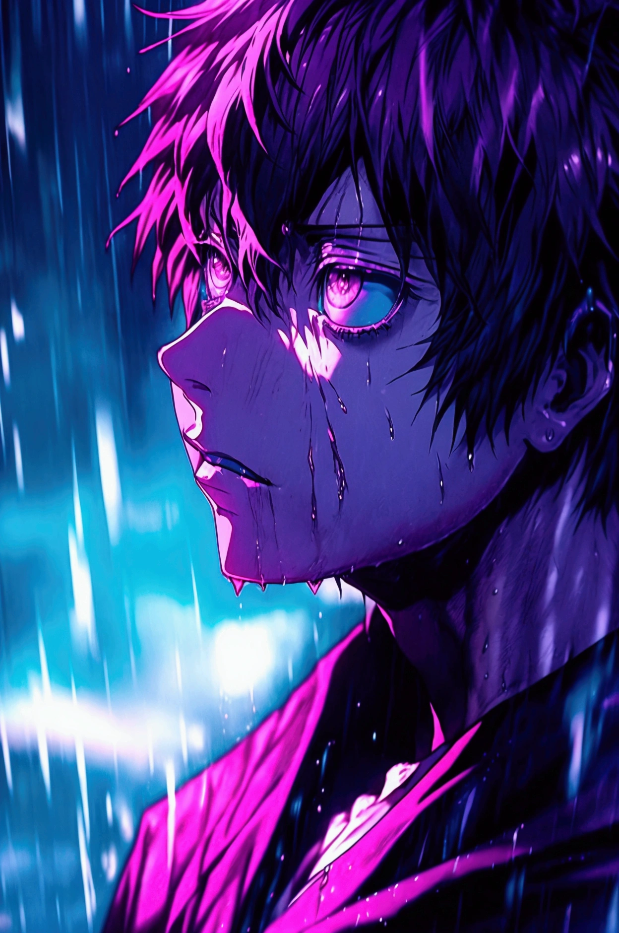 Kira do anime death note, THOUGHTFUL, watching the rainy skies,front view seen above the eyes view. 