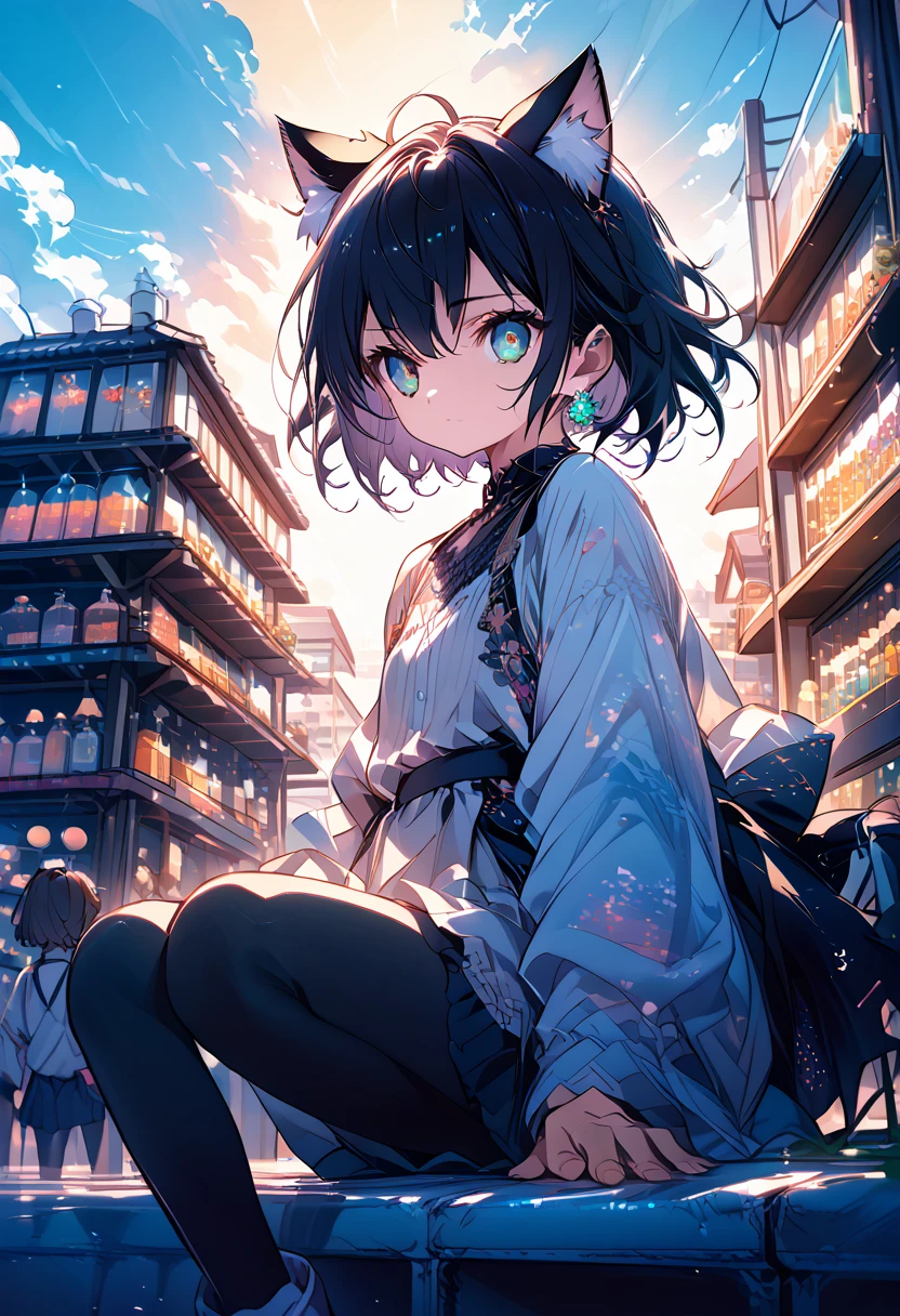 Anime girl with cat ears sitting on a shelf and looking at the sky, Anime Drawings, inspired by Makoto Shinkai, trending on pixiv, space art, Makoto Shinkai Cyril Roland, 4k anime wallpaper, Anime Art Wallpaper 8K, Anime Art Wallpaper 4k, Anime wallpaper 4k, Anime wallpaper 4k, Anime wallpaper 4k