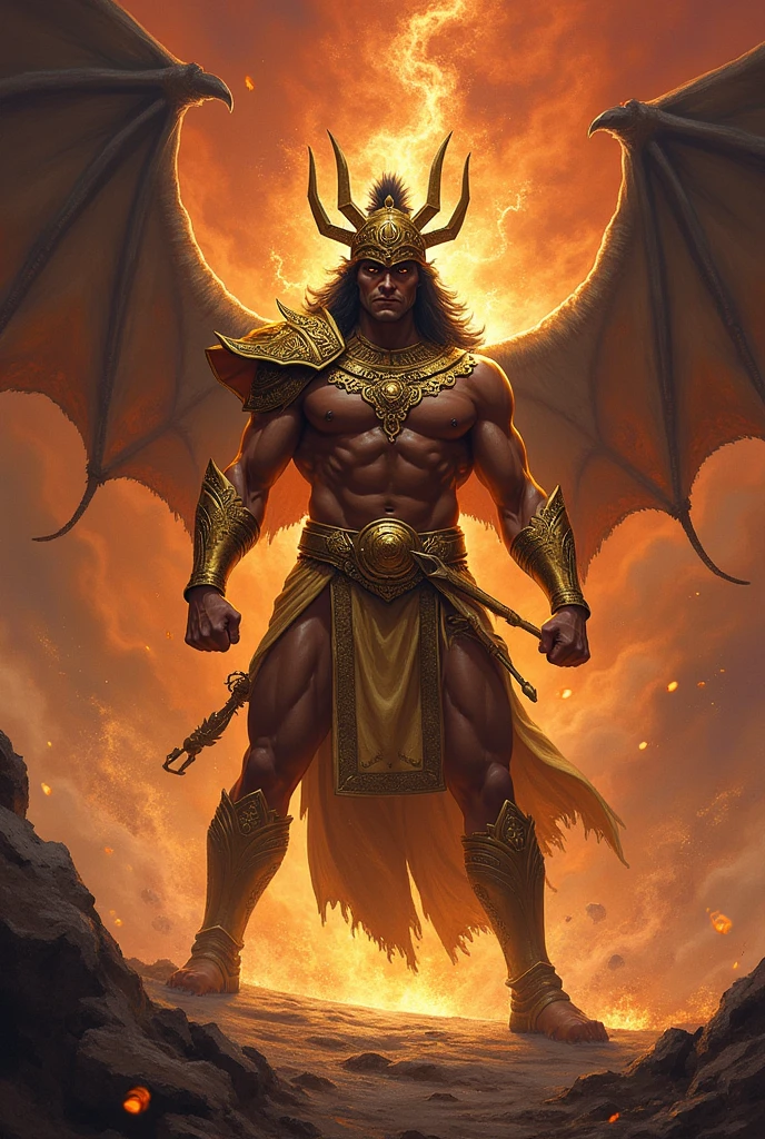 (( ravan from ramayan vs. Cosmic Bull))) best quality, ultra-high resolution, 4K detailed CG, masterpiece, Persian God, God of light,Cosmic Bull Persian clothing, Persian mythology, aesthetics, ((Fighting with the Bull)), Beautiful image, centered on the screen, full body