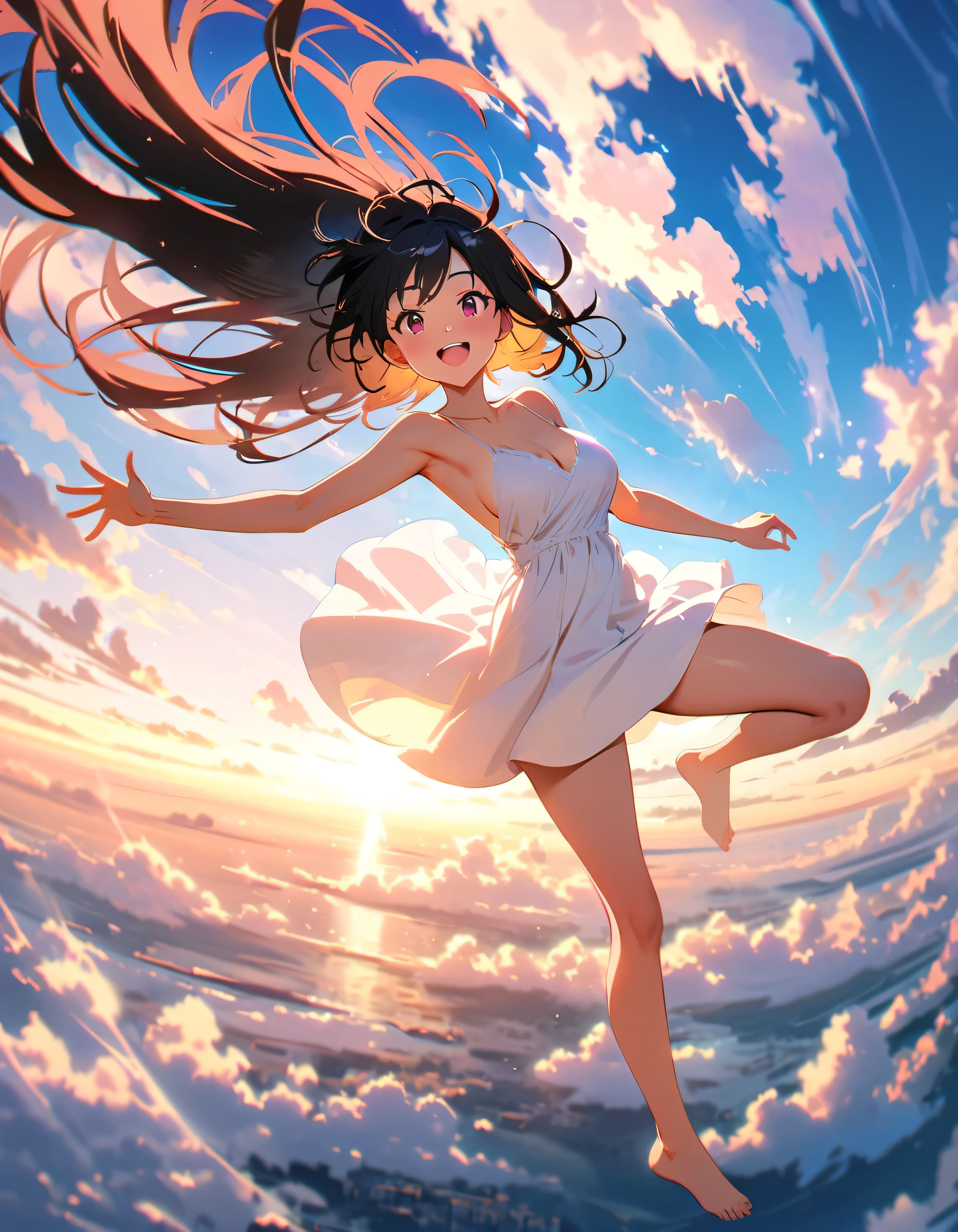 Highest quality, Very detailed, up to date, Vibrant, masterpiece, Highest quality, Best aesthetics, Floating in the sky, on the clouds, Pastel clouds, fly in the sky, Blurred Background, Above, One woman, Black Hair, full body shot, smile, big smile, Get excited, barefoot, Dynamic Angle, dynamic, Floating, Dynamic pose, White Dress, The wind is blowing, Vivid light, Colorful Scenes, momentum, lens flare