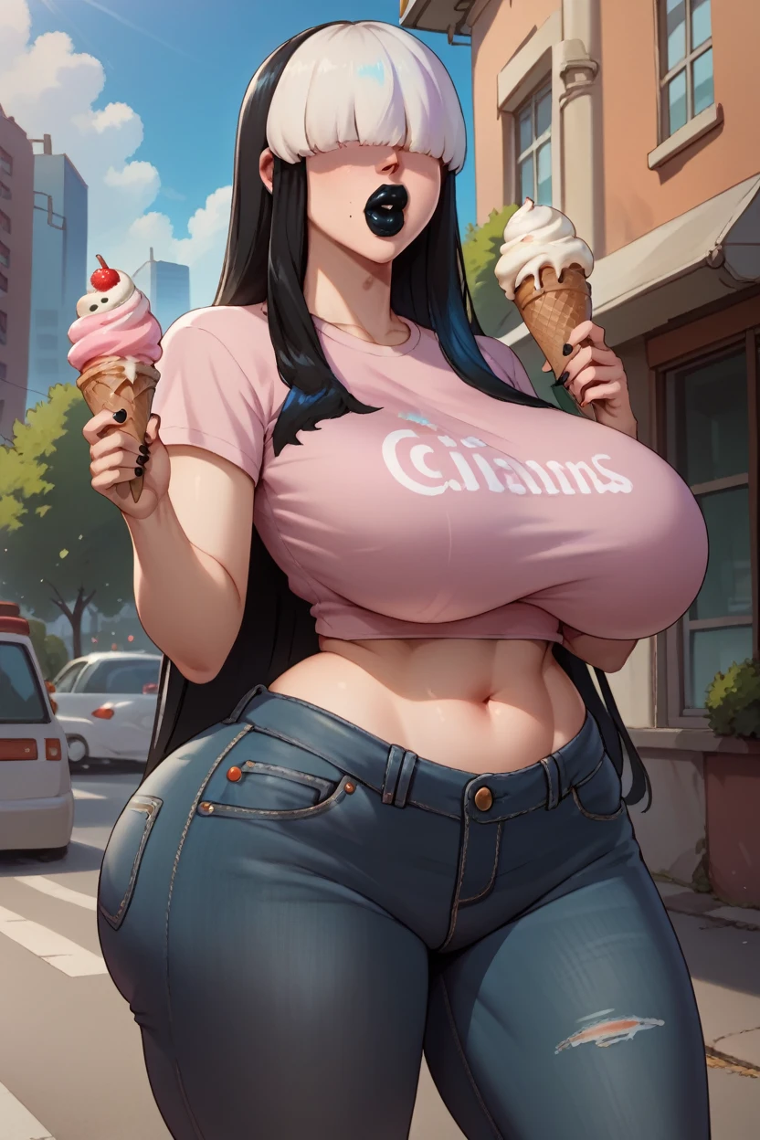 score_9, score_8_up, score_7_up, score_6_up, source_anime, BREAK 1girl gothmom, multicolored hair, hair over eyes, black lipstick, pink t-shirt, tight clothes, large breasts, jeans, midriff, city, blue sky, holding ice cream