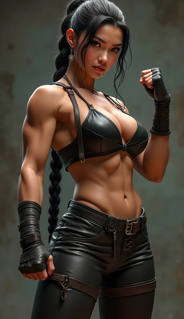 ninja woman in a leather outfit posing for a picture, muscular sweat lara croft, muscular girl, muscular warrior women, feminine and muscular, massive muscles, ripped, very beautiful. big muscles, bodybuilder lace leotard , serious face , fitness model, muscled, strong and imposing, muscular ultraviolent woman, strong and muscular, sexy goddess body , beauty face , body builder , muscle , tune body , oily skin , hyper realistic , unreal engine 5 , highly detailed face:1.2), beautiful lighting, (8k , RAW photo, best quality, masterpiece:1.2), (hyper realistic, photorealistic:1.37), full body , standing pose, (1girl:1.3), full body, outdoor ,