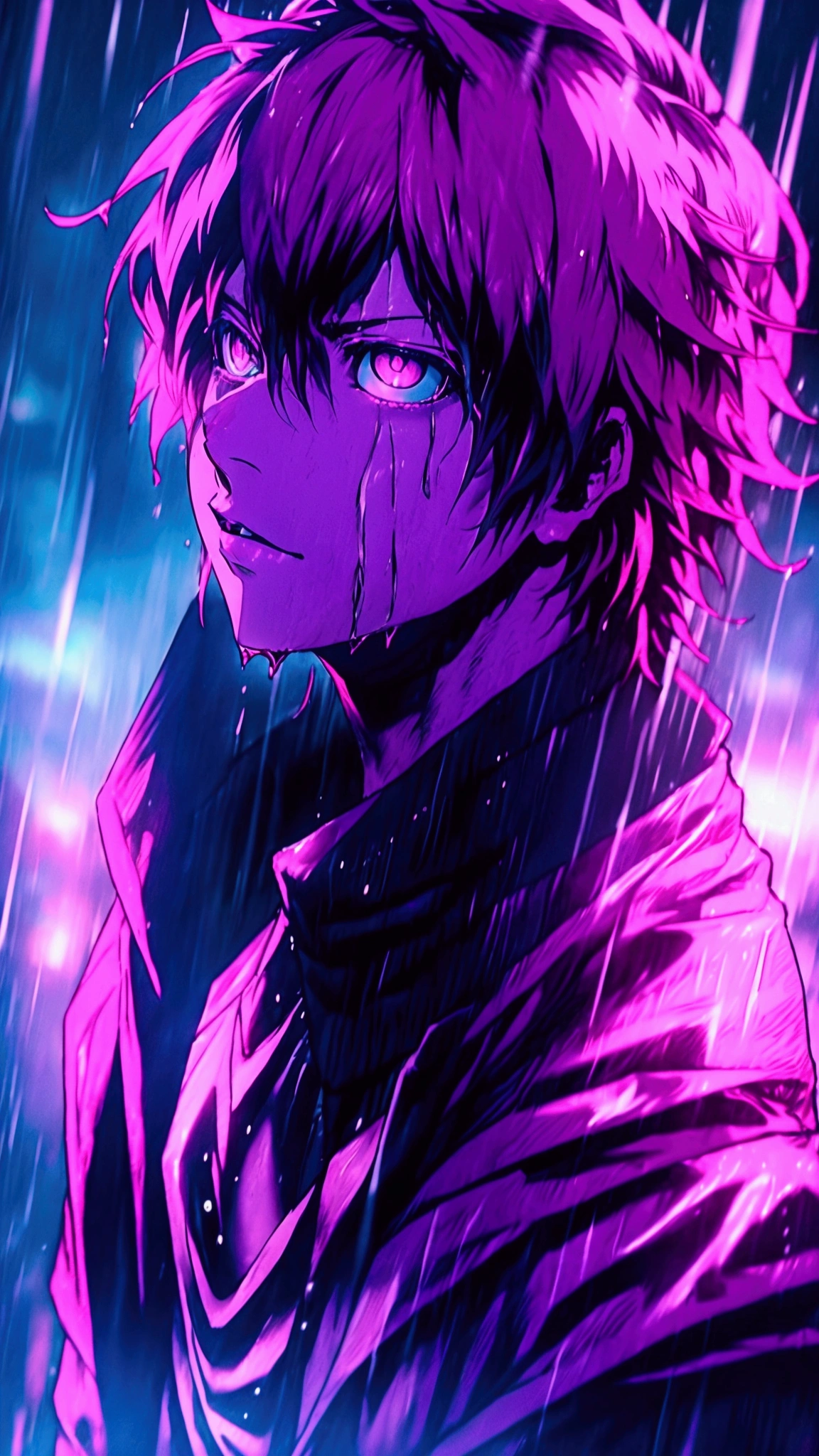 Kira do anime death note, THOUGHTFUL, watching the rainy skies,front view seen above the eye view at a distance of one meter. 4K, full quality, cenematico. 