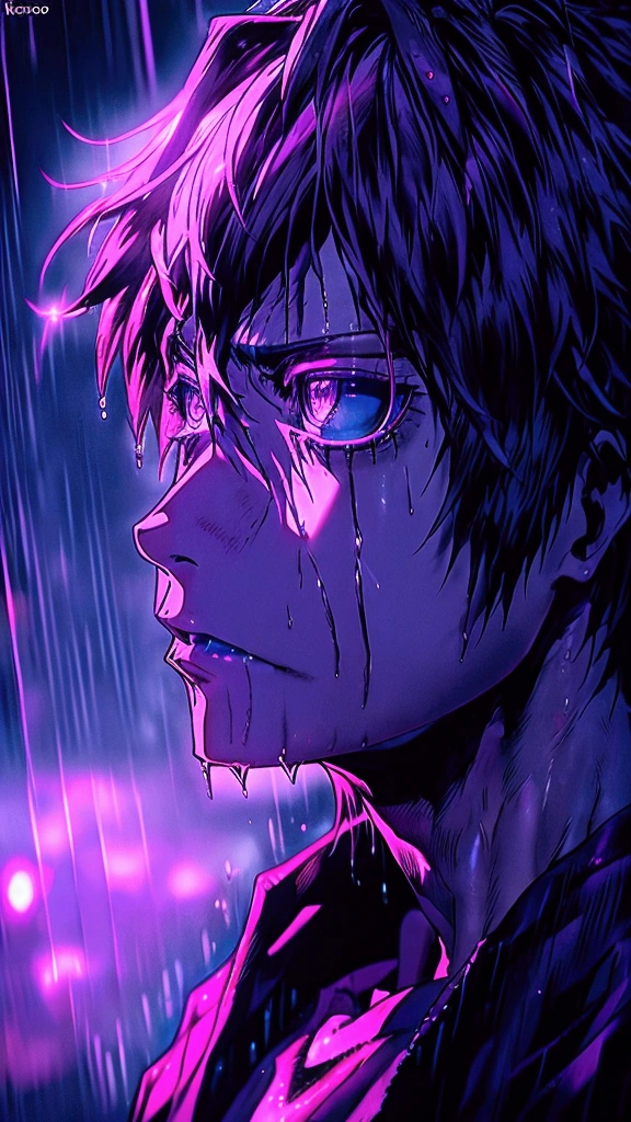 Kira do anime death note, THOUGHTFUL, watching the rainy skies,front view seen above the eye view at a distance of one meter. 4K, full quality, cenematico. 