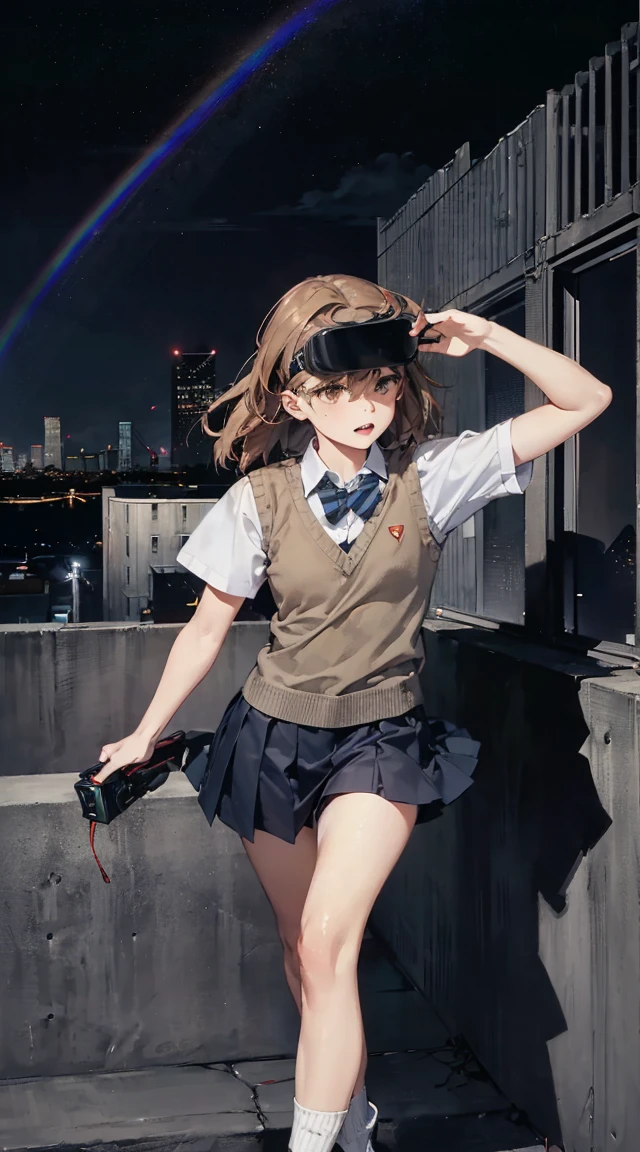  school uniform, nuclear power plant, terrorist group on background, fluorescent headgear, short hair, green hair, setting fire from flamethrower, middleears old, gas mask, higftop at night, city on the background is burning