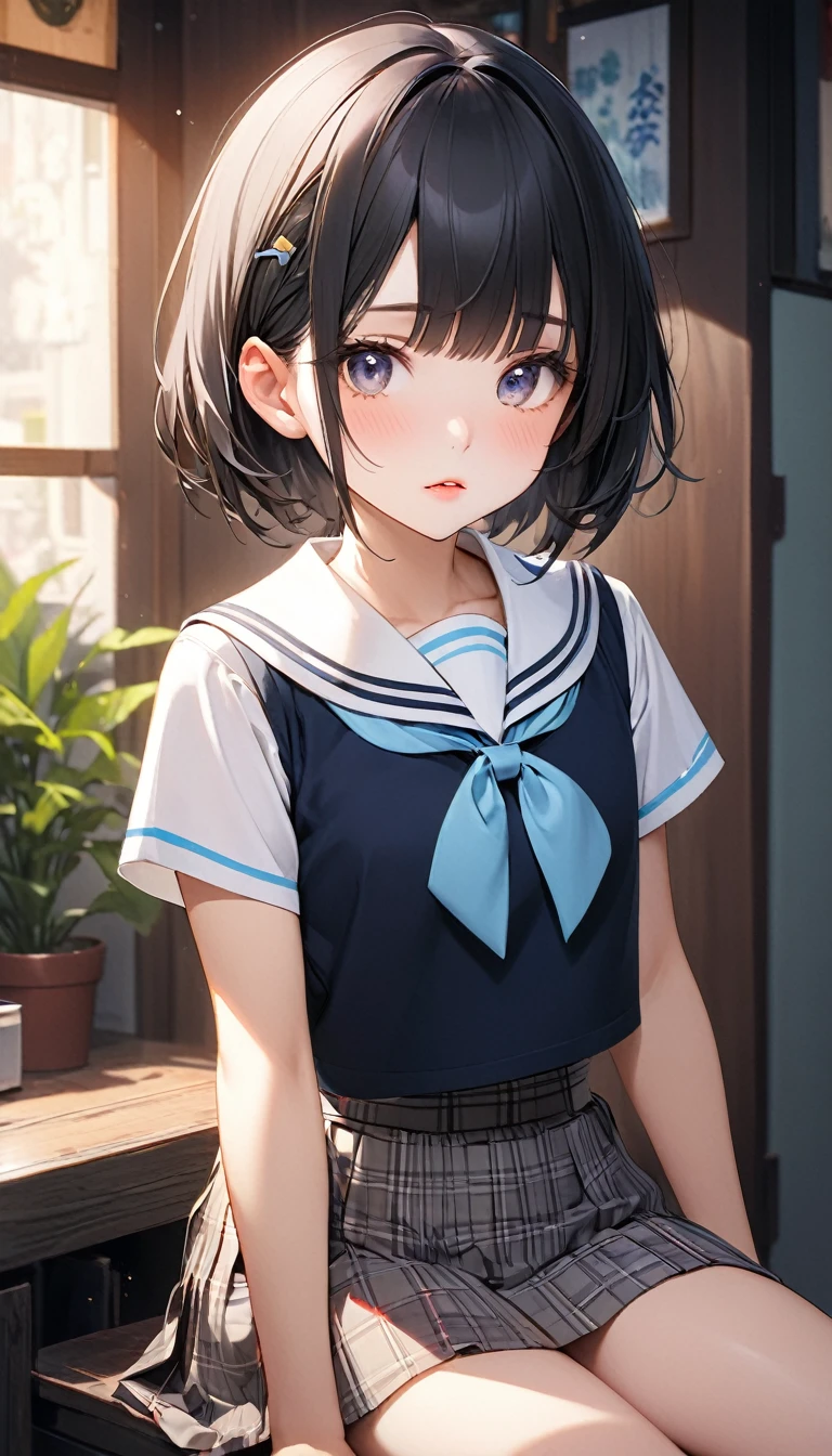 Highest quality,Ultra-wide angle composition、Elementary school girl　Sweaty face　cute　short hair　boyish　My hair is wet with sweat　Desk corner masturbation　Panting　Illustration Panties