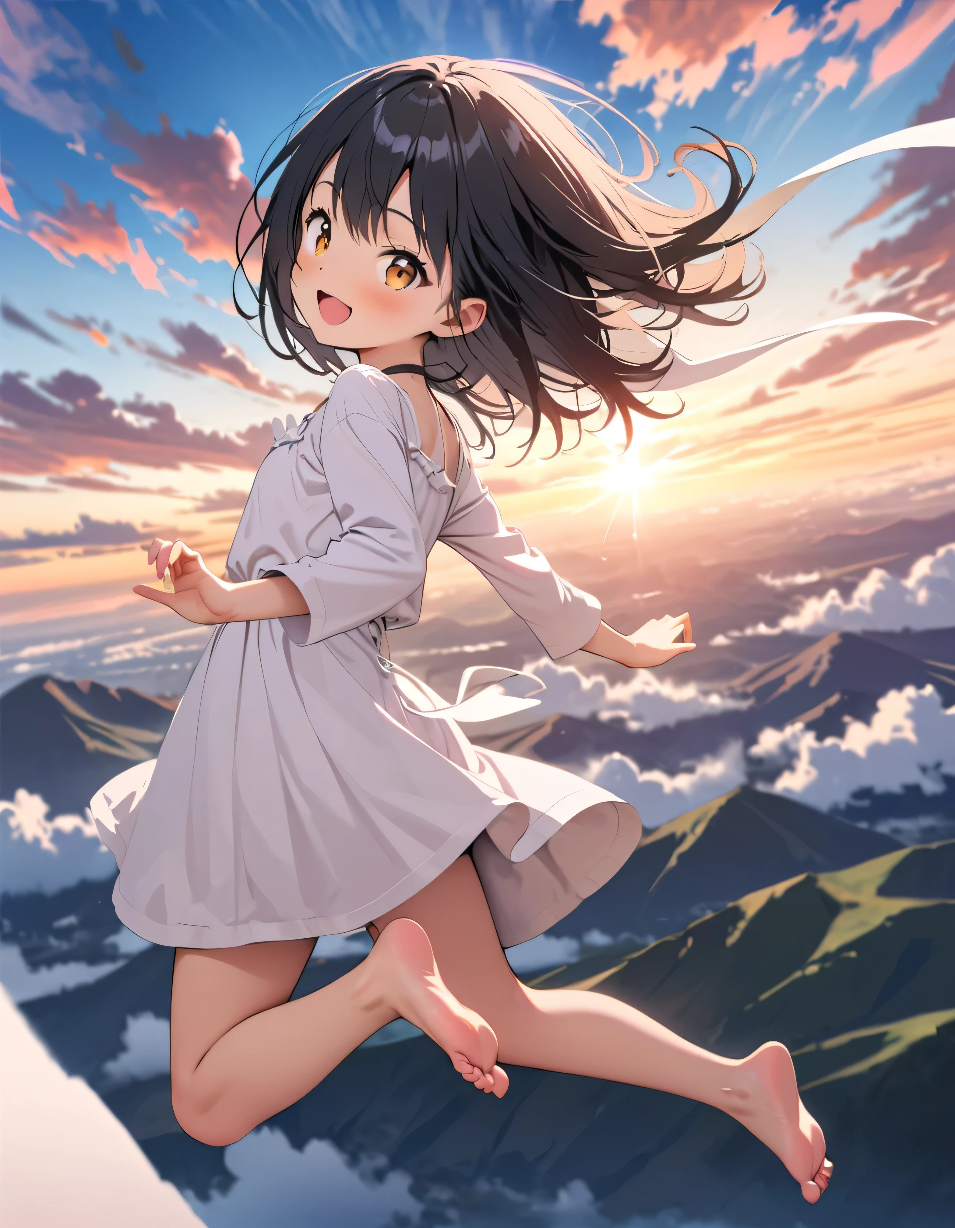 Highest quality, Very detailed, up to date, Vibrant, masterpiece, Highest quality, Best aesthetics, Floating in the sky, on the clouds, Pastel clouds, fly in the sky, Blurred Background, Above, One woman, Black Hair, full body shot, smile, big smile, Get excited, flat chested, short stature, very young, barefoot, Dynamic Angle, dynamic, Floating, Dynamic pose, (((White Dress))), The wind is blowing, Vivid light, Colorful Scenes, momentum, lens flare