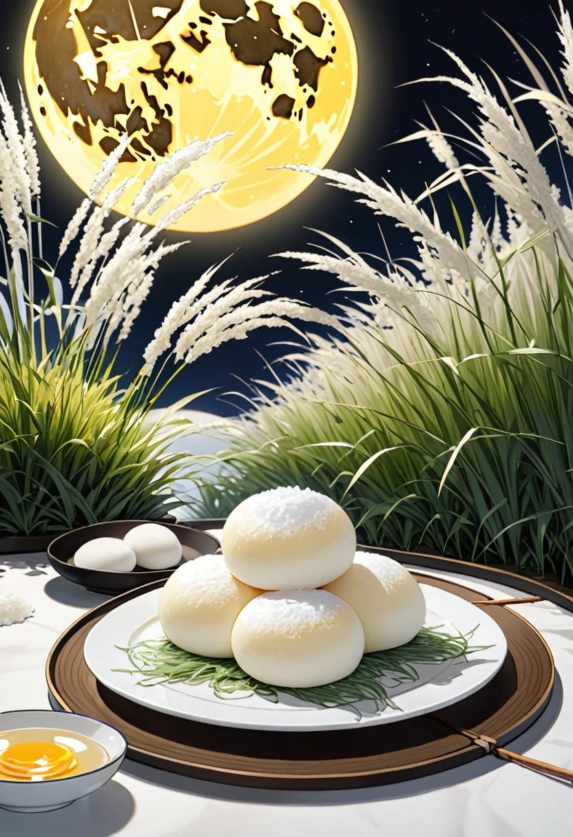 a huge yellow full moon, Japanese silver grass, pure white round mochi piled high on a plate,