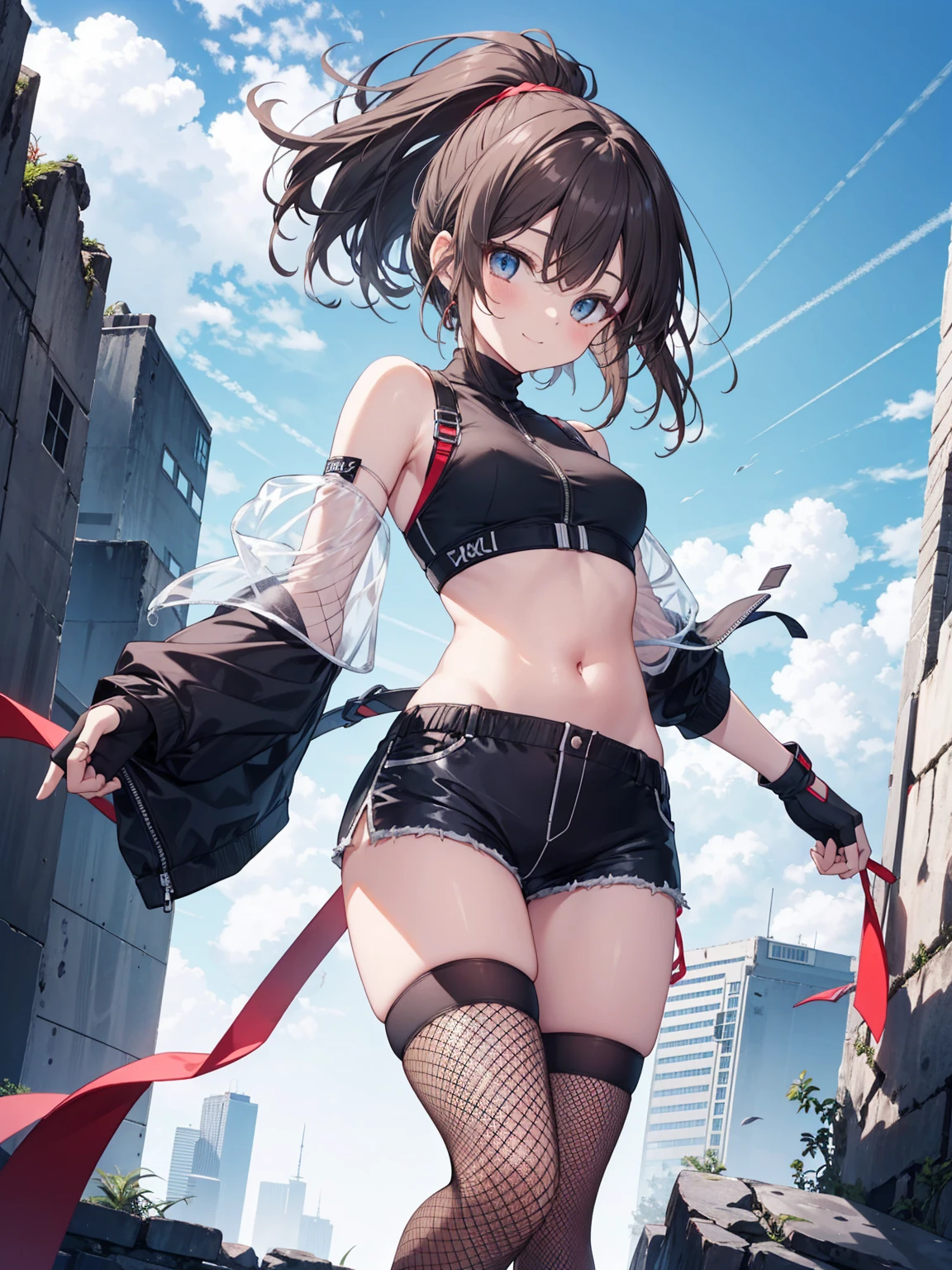 1girl, solo, thighhighs, shorts, short_hair, breasts, gloves, green_eyes, skindentation, looking_at_viewer, fingerless_gloves, kneeling, covered_navel, brown_hair, black_thighhighs, smile, blush, short_sleeves, open_fly, shoes, white_shorts, black_gloves, blue_footwear, medium_breasts, closed_mouth, bangs, thighs, short_shorts, skin_tight, jacket, holding, arm_up, elbow_gloves, blue_jacket, bodysuit