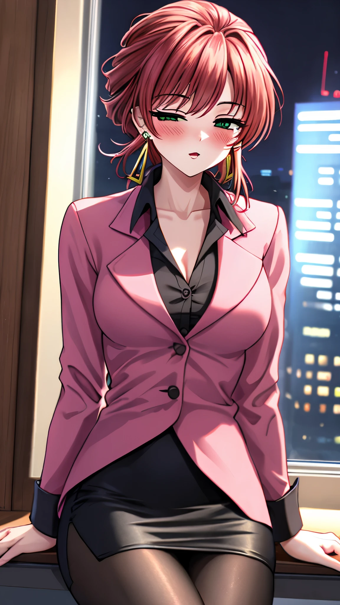 Anime girl sitting on window ledge in front of cityscape - SeaArt AI