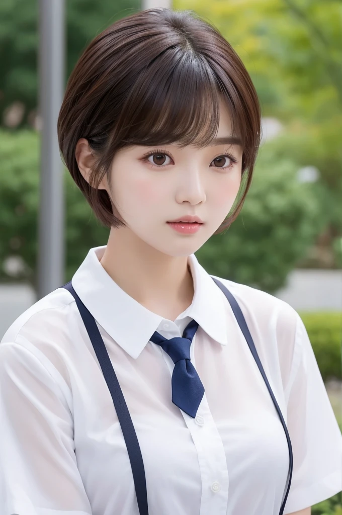 NSFW,((top-quality、8K、​masterpiece:1.3))、Crisp focus:1.2、Beautiful woman with perfect body shape:1.4、((((small tits))))、a wet body:1.5、Highly detailed facial and skin texture、A detailed eye、二重まぶた、(((short-cut)))、BDSM,Slave,束缚,gargantilha,From below,angry,(((Breasts protruding from the uniform)))、Prime lens 85mm、F-number release、Spread your legs on the way home from school、Back lighting、Detailed lewd part、Black stockings、