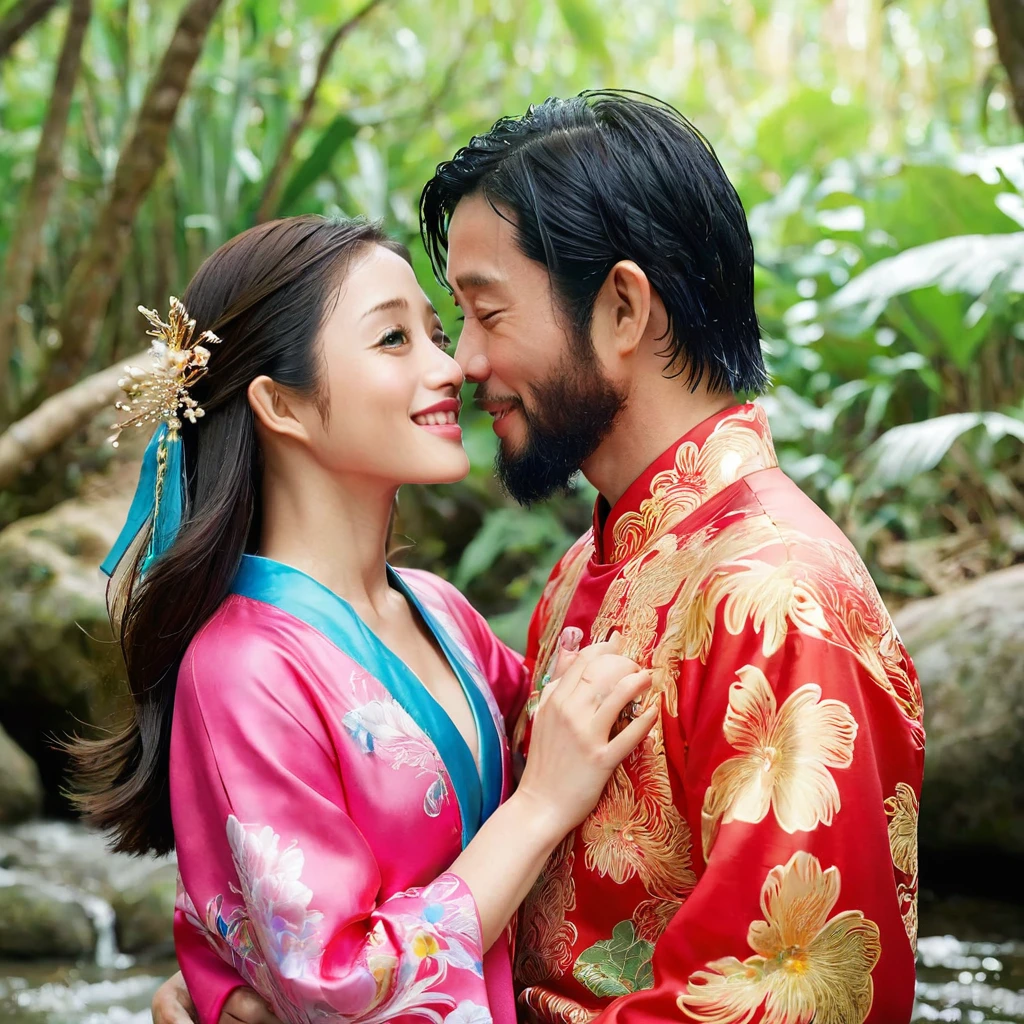 ((Best Quality)), ((masterpiece)), (detailed), （Perfect Face）、The woman is Satomi Ishihara, a beautiful Japanese woman with black hair, large breasts, beautiful proportions, and an engagement ring.、The woman is smiling while wearing a gorgeous and dazzling Vietnamese national costume and gorgeous accessories.、A woman is embracing and kissing a middle-aged bearded Vietnamese man in Vietnam, making love.