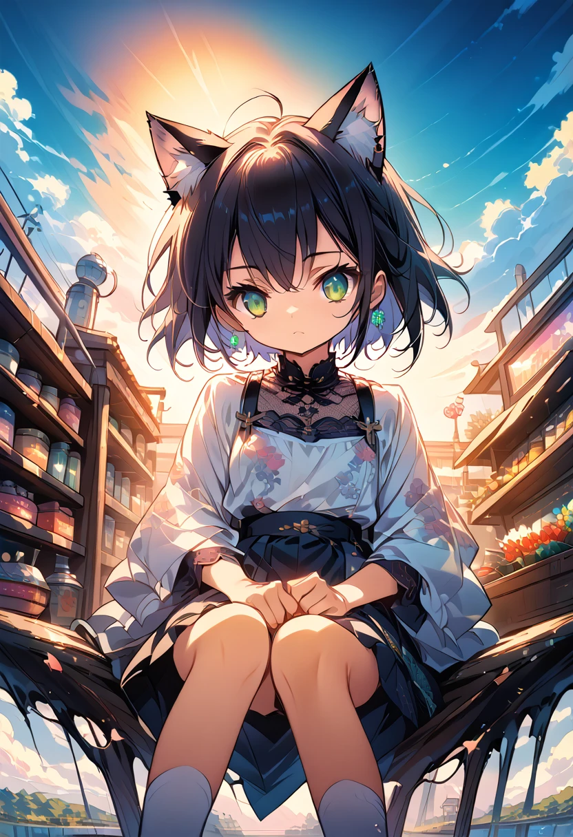 Anime girl with cat ears sitting on a shelf and looking at the sky, Anime Drawings, inspired by Makoto Shinkai, trending on pixiv, space art, Makoto Shinkai Cyril Roland, 4k anime wallpaper, Anime Art Wallpaper 8K, Anime Art Wallpaper 4k, Anime wallpaper 4k, Anime wallpaper 4k, Anime wallpaper 4k