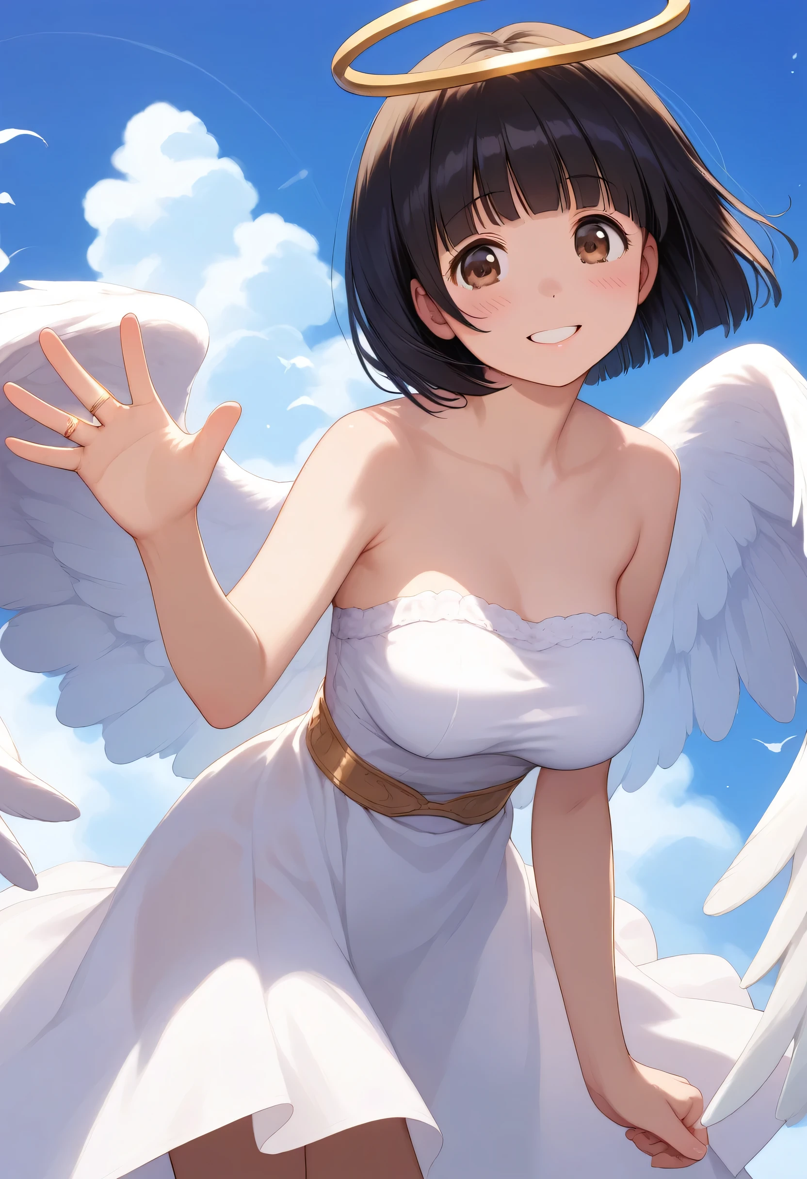 Japanese  angel naked１masturbating with someone、sky above the clouds、She's looking at us..、はみ出るI can see pubic hair、I&#39;m shy、You can see pink nipples、everyone is naked、One is a slender woman with dark brown hair and a fluffy long bob.、small breasts、slender、A cup breasts、shaggy public hair. under hair. I can see pubic hair、There are big angel wings on his back.、R18 illustration、erotic manga、Erotic illustration、2D illustration、Japan anime、drawn by Japanese ilastrator、high resolution、4K quality、high quality、High resolution、5 million pixels、high detail、No correction、masturbation、