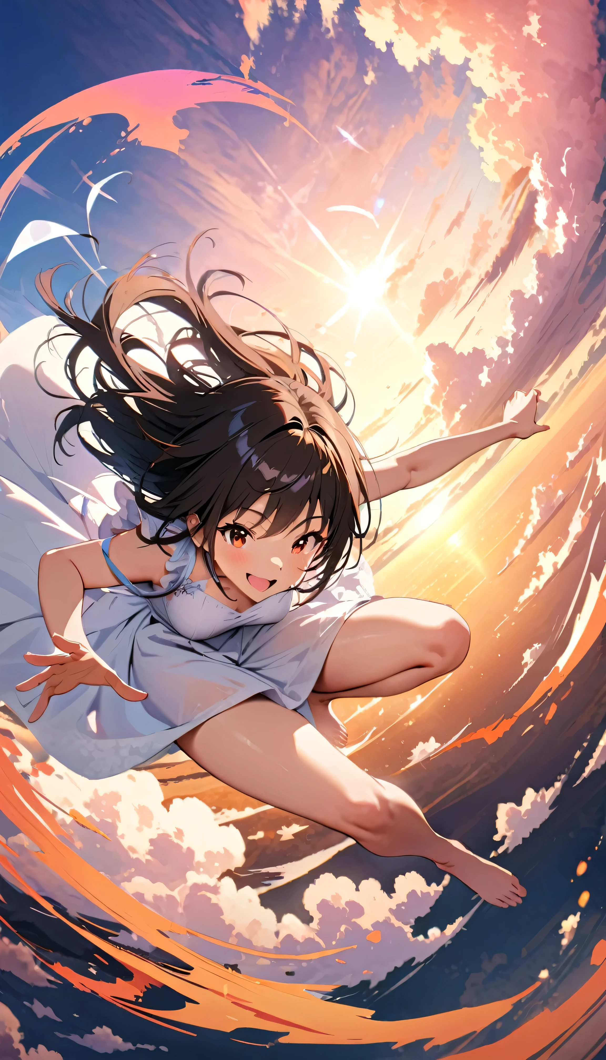 Highest quality, Very detailed, up to date, Vibrant, masterpiece, Highest quality, Best aesthetics, Floating in the sky, on the clouds, Pastel clouds, fly in the sky, Blurred Background, Above, One woman, Black Hair, full body shot, smile, big smile, Get excited, barefoot, Dynamic Angle, dynamic, Floating, Dynamic pose, White Dress, The wind is blowing, Vivid light, Colorful Scenes, momentum, lens flare