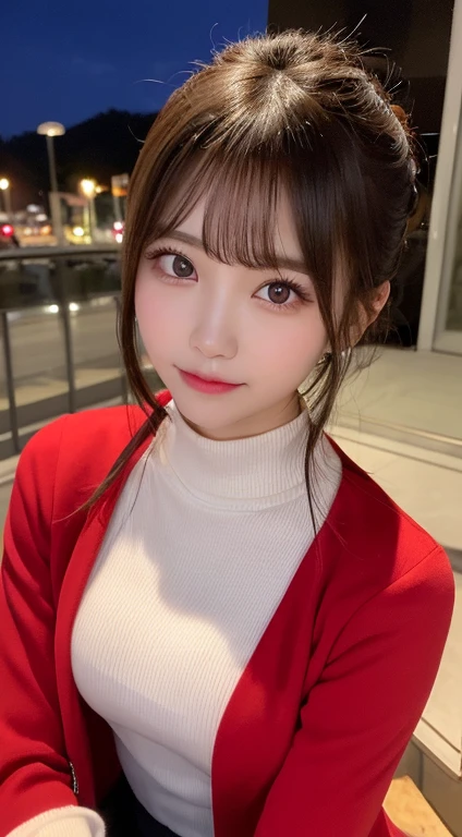 30 year old Japanese woman、Very adorable and cute、Narrow eyes、Deep-set eyelids、Black jacket、Red scarf、Upper Body Shot、A mole on the mouth、Wave、ponytail、Hide your chest、in the rain、high resolution、A shy smile、Holding an umbrella