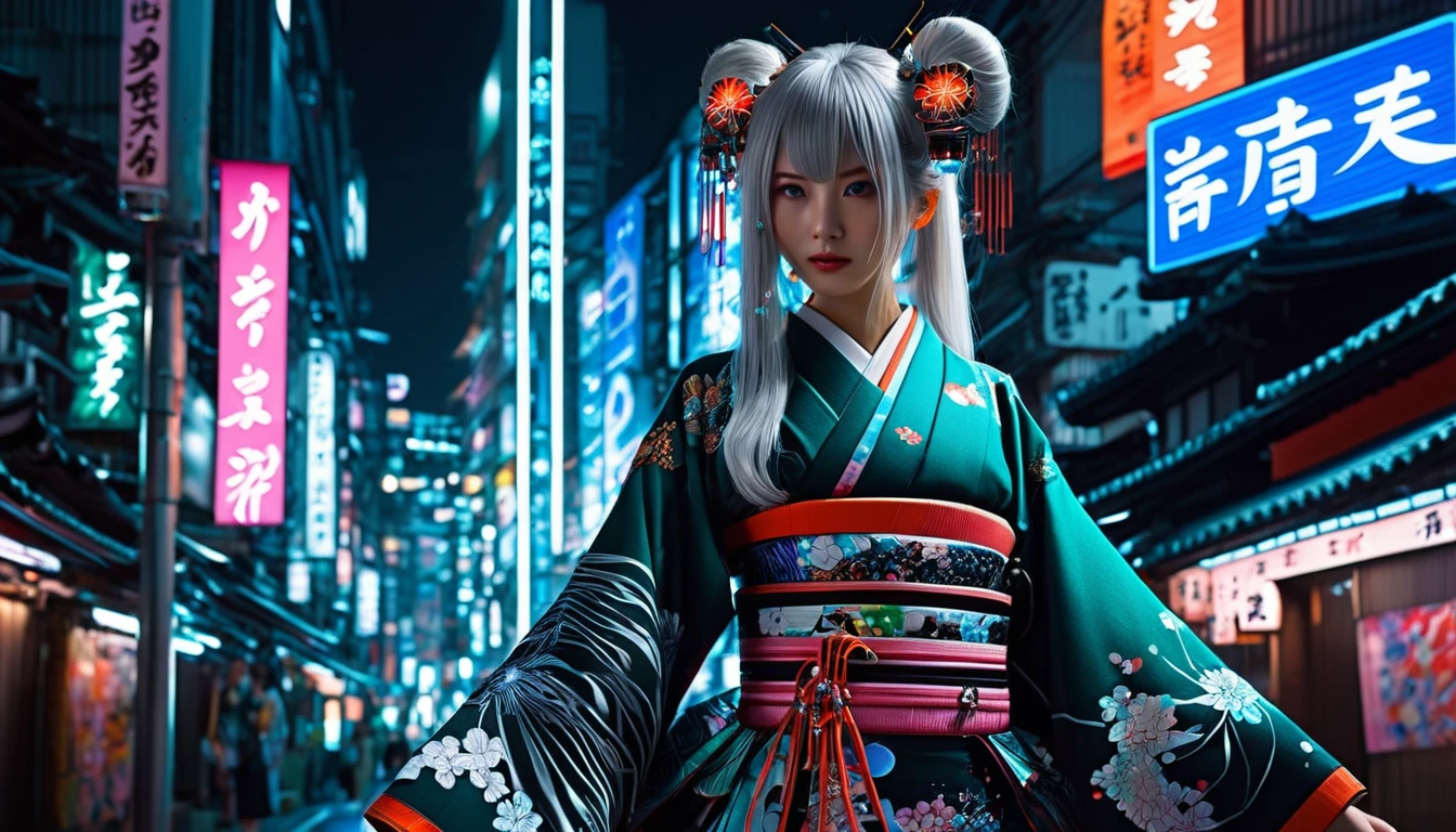 (high quality), (masterpiece), (detailed), 8k, Ultra-realistic digital illustrations depict (Japanese Heroine 1.3) Decorated (Futuristic Kimono 1.2) and (Neon Accents 1.2) and (Exquisite Armor 1.2). she (Long silver hair 1.2) Flowing like a moonlit river, そしてshe (Sharp, shining emerald eyes.3) gleam and an otherworldly intensity. She stands amidst a (Neon-lit streets of Tokyo.2), Surrounded (Holographic Advertising.2) and (Floating drone 1.2). Ash Thorpe style, Trending on DeviantArt.