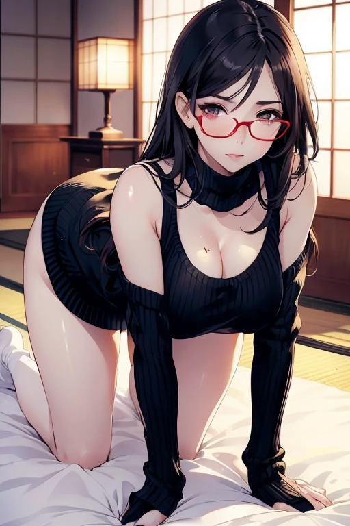 ((Best Quality)), ((masterpiece)), (detailed), One Woman，Beautiful woman，Japanese women，Married women，Beautiful body lines，Beautiful Face，Clear Eyes，Hard, Beautiful Skin，Beautiful Hands，Beautiful legs，Long limbs，Black Hair，Beautiful Long Hair，Shiny Hair，Thin lips，Mouth half open，Big Boobs，Blushed，Red cheeks，Embarrassed look，Heavy breathing，Expressions of Ecstasy，Black-rimmed glasses，Dull eyes behind glasses，
Full body shot,A woman on all fours approaching,Beautiful ass,Woman upset，
Wearing a white knit sweater 1.8，Turtleneck sweater，Sleeveless sweater，Beautiful clavicle，The sweater fits the woman snugly.&#39;Body，Nipples are erect，The fabric of the sweater is thin，Are you seducing me??？Crying face，Climax expression，Expression of pleasure，Orgasm facial expression，Blushing and excited expression,Holding a condom in hand,Beautiful bare feet,