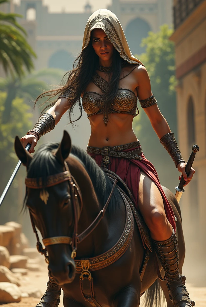 Woman samurai with naked big breast, heavy muscle, naked big bosom, pink nipples, with katana, more muscle, much muscular, wider shoulder, make her wet, heavy muscle arms, riding horses