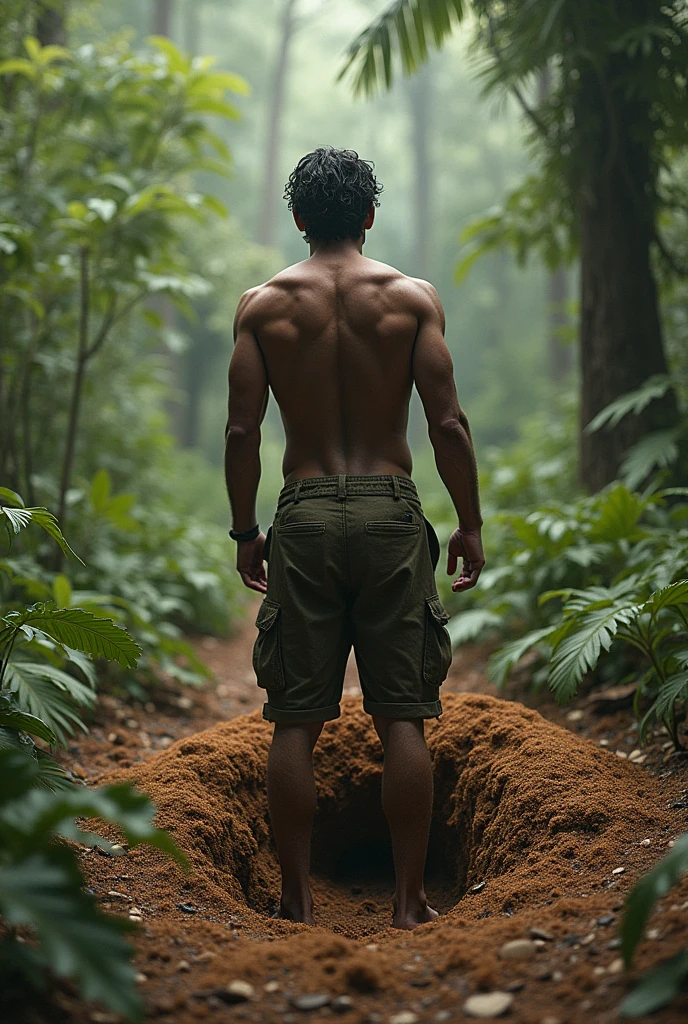 hombre en el forest, naked ass, Angle from below, forest, Sun light, masculine, hairy ass, bully, tattoos, stained, dirty, realist