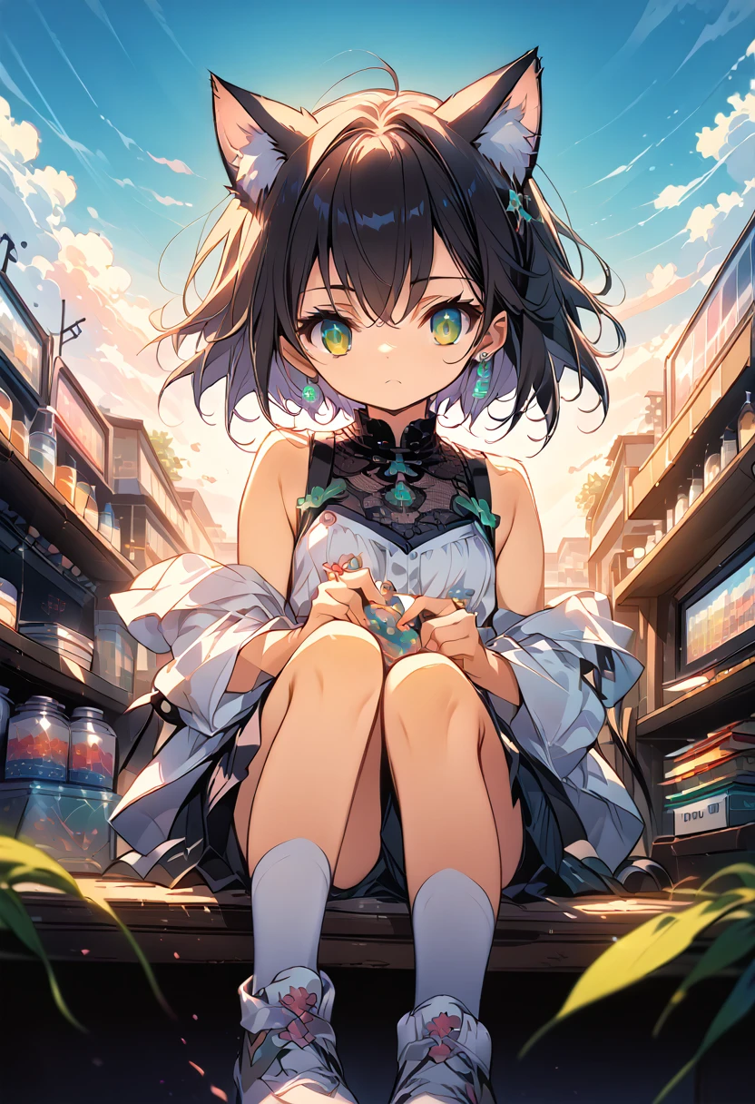 Anime girl with cat ears sitting on a shelf and looking at the sky, Anime Drawings, inspired by Makoto Shinkai, trending on pixiv, space art, Makoto Shinkai Cyril Roland, 4k anime wallpaper, Anime Art Wallpaper 8K, Anime Art Wallpaper 4k, Anime wallpaper 4k, Anime wallpaper 4k, Anime wallpaper 4k