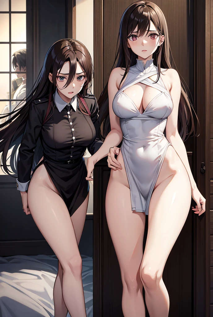 detailed illustration (side view),dynamic angle,ultra-detailed, illustration, pose for the camera, smiling at viewer, clean line art, shading, anime, 2020’s anime style, detailed eyes, detailed face, beautiful face,

1girl, late 20’s year old, Big woman, Asian American, very tall, broad shoulders, silky long black hair, muscular, tone body, a little bulky, muscular arms, wide shoulders, tall woman,  happy, shy, embarrassed, blushing, hands together, broad shoulders, large muscles, night time, Evening, standing by a window , in a long flowing yellow sundress, in a nice house, living room, dark wood panel walls, dark hard wood floors, standing in doorway, dark outside, night time, luxurious mansion, stary night outside the windows, erect nipples, not looking at camera, looking to the side, aroused but embarrassed, grey eyes