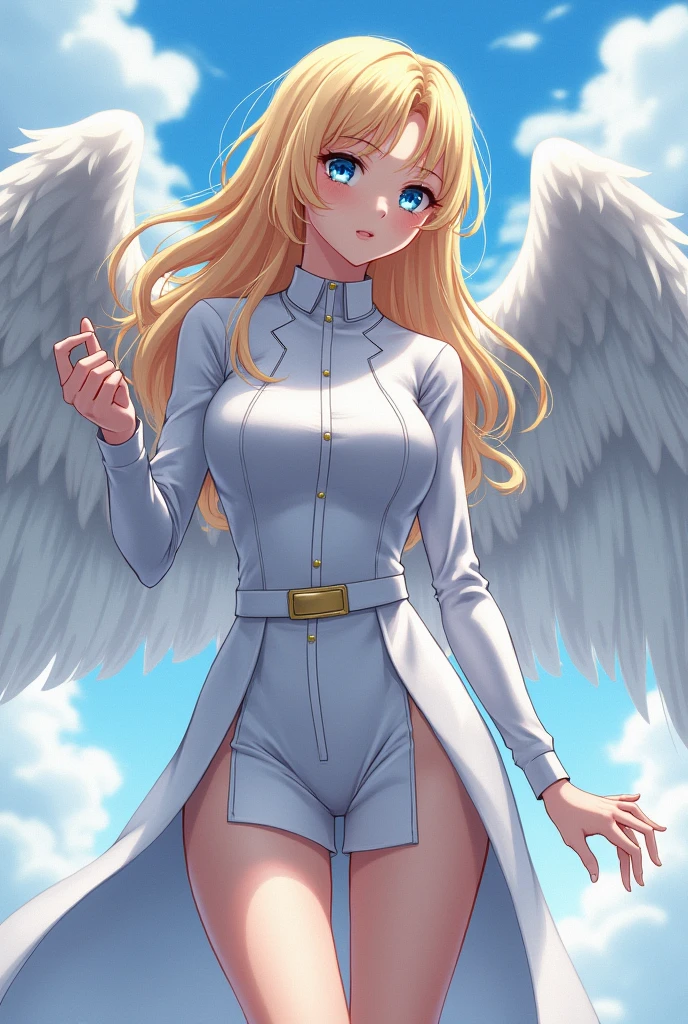 (((Masterpiece))), ((((Best Quality)))), (((Ultra-detailed))), (highly detailed CG illustration), Anime Angel Girl, Snow-white wings, blonde woman, super adorable, Facing the camera, embarrassed expression, stocklings, Skin color: white, Eye Color: Blue, ((pretty eyes)), bright pupils, sexy figure,(extremely fine and beautiful), ((Sexy Fantasy Clothing)), Beautiful neckline, big thighs, Perfect shapes, sexy sits, Background sunset seashore, nightfall, a starry sky, ((8k)), (ultra quality), (tmasterpiece), (higly detailed:1 1), Crazy details, Realistic, professional photoshoot, Clear Focus, Anime style, Cinmatic Lighting, NSFW