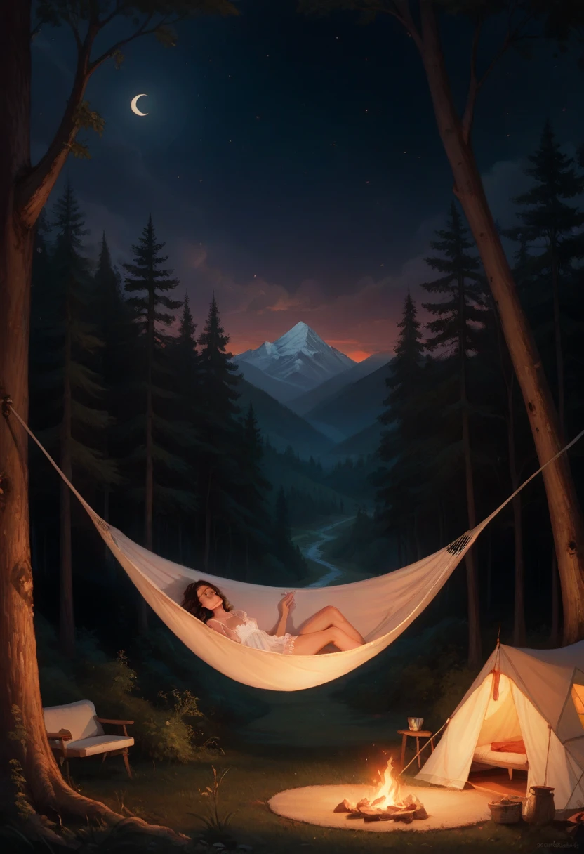 masterpiece, Nothing, girl,sleep in a hammock, nightgown, (traveler), forests, trees, mounts, tents, a picnic, an adventure  