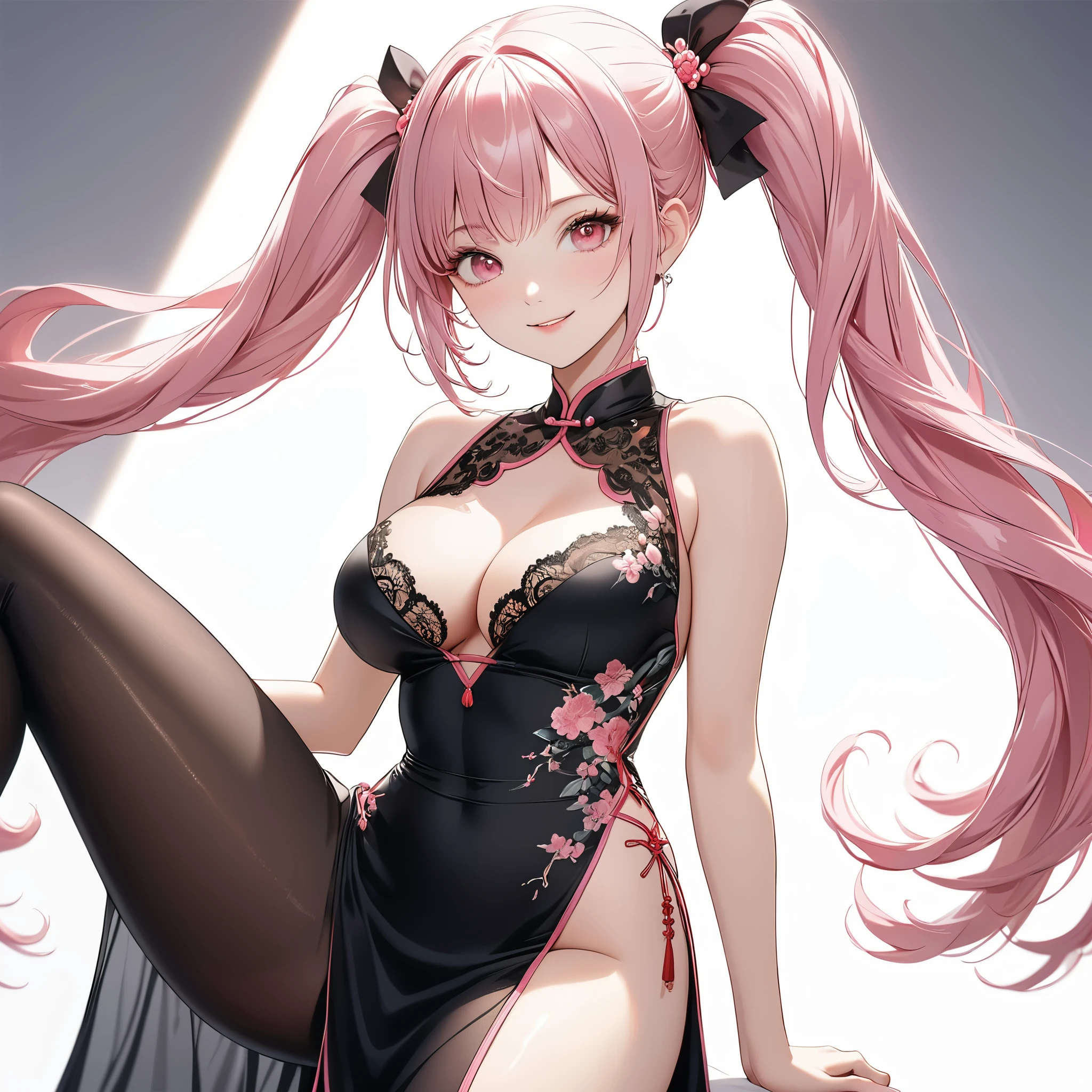 (8K, masutepiece, Best Quality, Official art, beautiful lighting, The best masterpiece in history that exceeds limits, beautiful detailed), (1 Girl, Solo), (sixteen years old), (beautiful detailed face), (shiny white skin), (Beautiful big bust, cleavage, thighs:1.3), (beautiful detailed pink twin tails hair, Bangs:1.3), (beautiful detailed drooping pink eyes:1.5), (black china dress, thigh-high slit long tight skirt, black see through lace:1.3), (happy smile:1.2), (Attractive, sensational, Look at the camera, kung fu action), (simple plain white background:1.5),