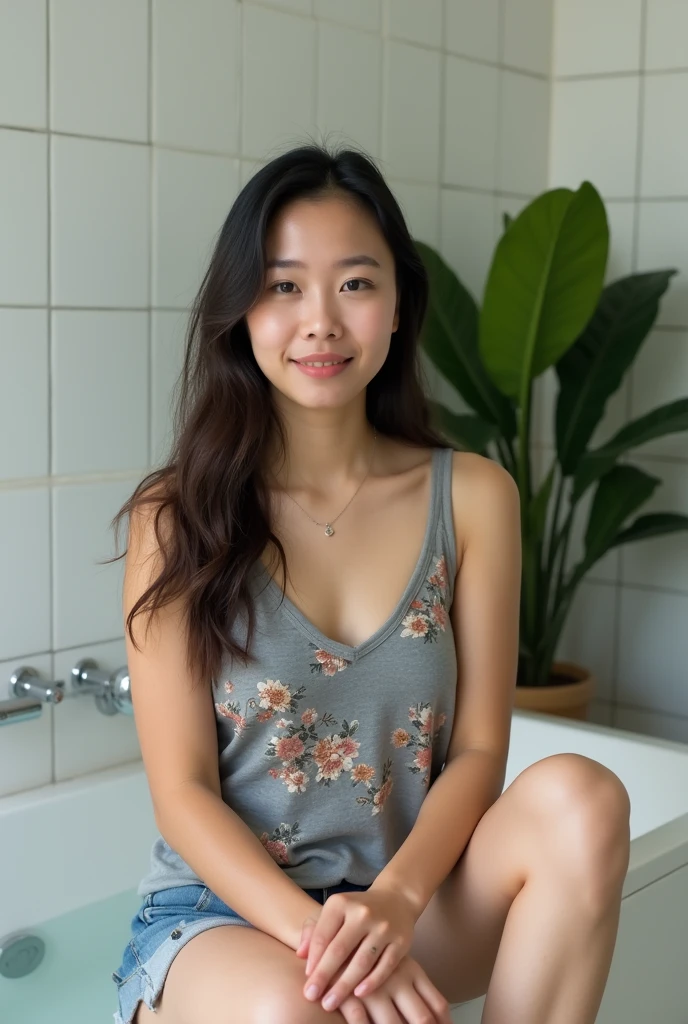 beautiful woman from Indonesia, white skin, naked, right hand holding her vagina, biting the fingers of her left hand, legs wide open, breasts and vagina clearly visible, expression sighing, there is a flower tucked in her ear. Masturbation, perfectly proportional body.