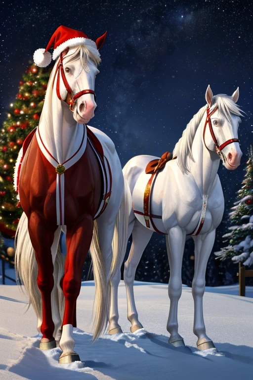 Pure white mare and foal　Thoroughbred parent and child　white christmas night　A pure white horse dressed as Santa Claus　Foal dressed as Santa Claus　Horse parent and child　A pure white horse wearing a Santa Claus costume　Christmas Cake　Christmas tree　illumination　Snow and starry night　A silvery white Christmas　Not on earth　There are no humans　Horses only　Horse parent and child　Only horses　No humans needed　