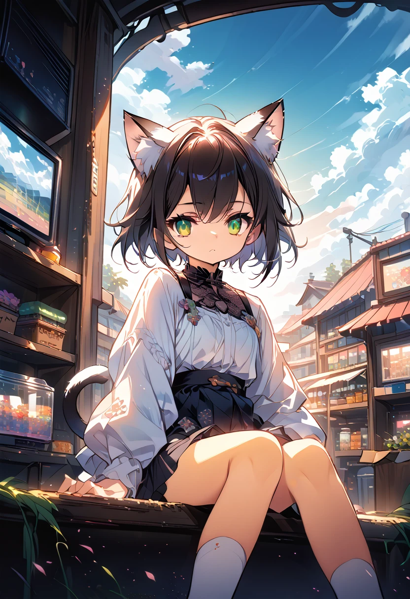 Anime girl with cat ears sitting on a shelf and looking at the sky, Anime Drawings, inspired by Makoto Shinkai, trending on pixiv, space art, Makoto Shinkai Cyril Roland, 4k anime wallpaper, Anime Art Wallpaper 8K, Anime Art Wallpaper 4k, Anime wallpaper 4k, Anime wallpaper 4k, Anime wallpaper 4k