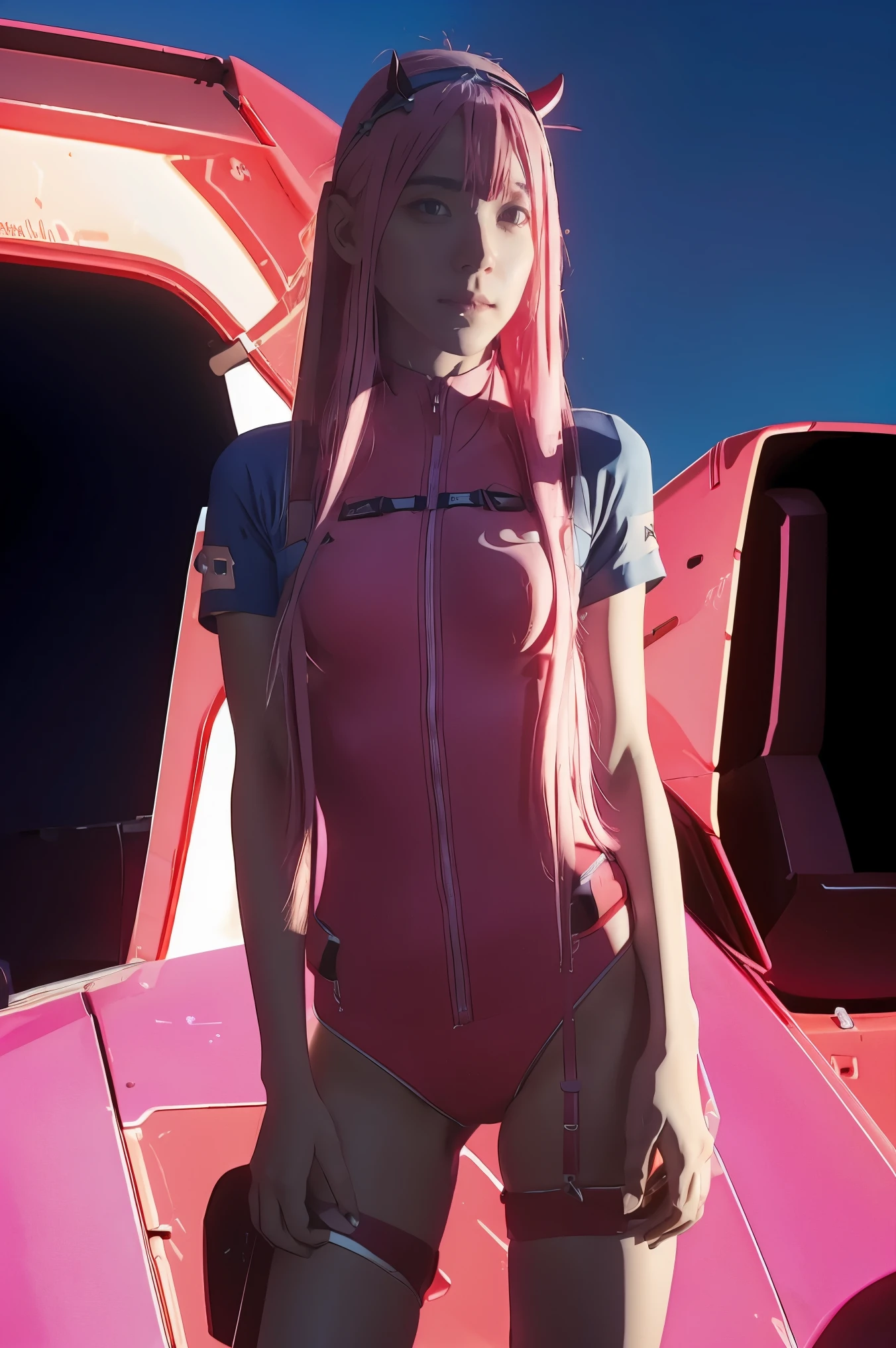 Masterpiece, Madelyn Cline, hot pink leotards, white belt, by rubio, wet skin, in front of the camera, standing, In a spaceship