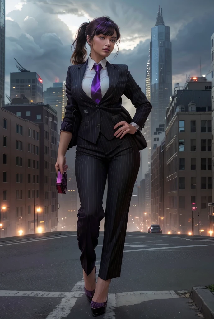 (masterpiece, best quality:1.2), cowboy shot, solo, 1girl, white hair, short wavy hair, purple eyes, average breasts, slender body, light smile, looking at viewer, hands in pockets, lady office suit, cleavage, choker, cityscape scenery, street, night light, night time, smoking cigarette, cigsmoker