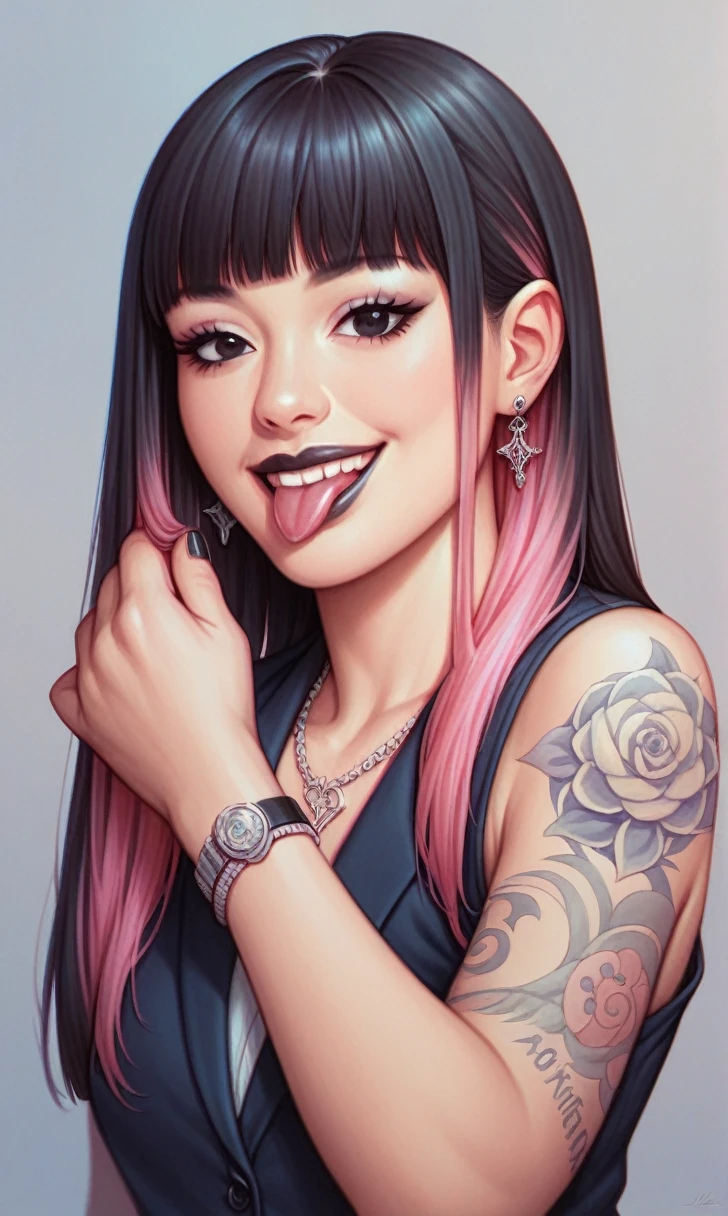 score_9, score_8_up, score_7_up,  1girl, simplified background, Asian, mafia business outfit, , sunny, lovely, hime cut hair, gentle smile, black lips, black eyes, tattoos on legs, tongue out, hd, detailed, highlights,
