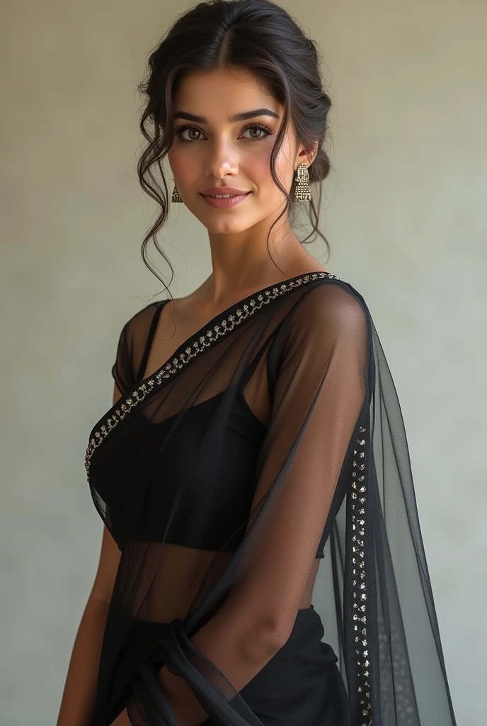 I need a picture of a women wearing plain bronze gold tissue blouse with full sleeve and sweetheart neck and black cotton sare with slight bronze gold design