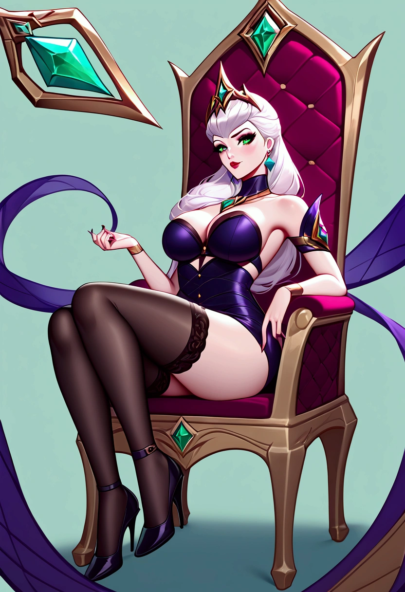 Fraction_9, Fraction_8_Direction_7_up, Evelyn (League of Legends), 1 girl, White hair, Bright green eyes, Dressed as a ruined queen, Wearing an emerald crown, Sexy, whole body, earrings, Long eyelashes, Sexy, Large bust, Beautiful face, Green smoke background, Sitting on the throne，Black stockings