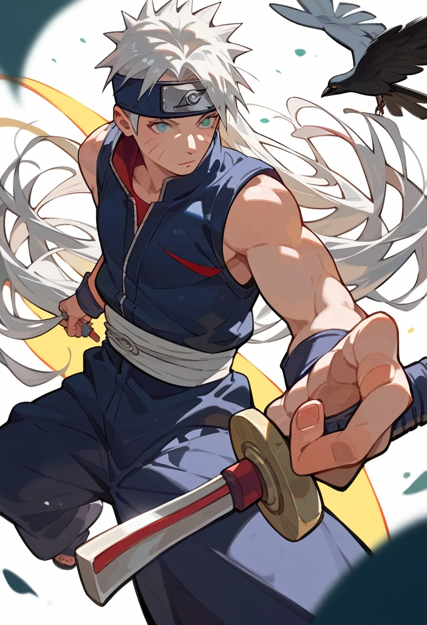 Score_9, Score_8_superior, Score_7_superior, Score_6_superior, Score_5_superior, Score_4_superior, (Anime NARUTO),  1 person ,Handsome,Long Hair,Silver Hair,Angled,Sharp perspective,sight induction,Brush strokes,Twisting pose, Asymmetrical Presentation,Hold the sword, moon,Crow