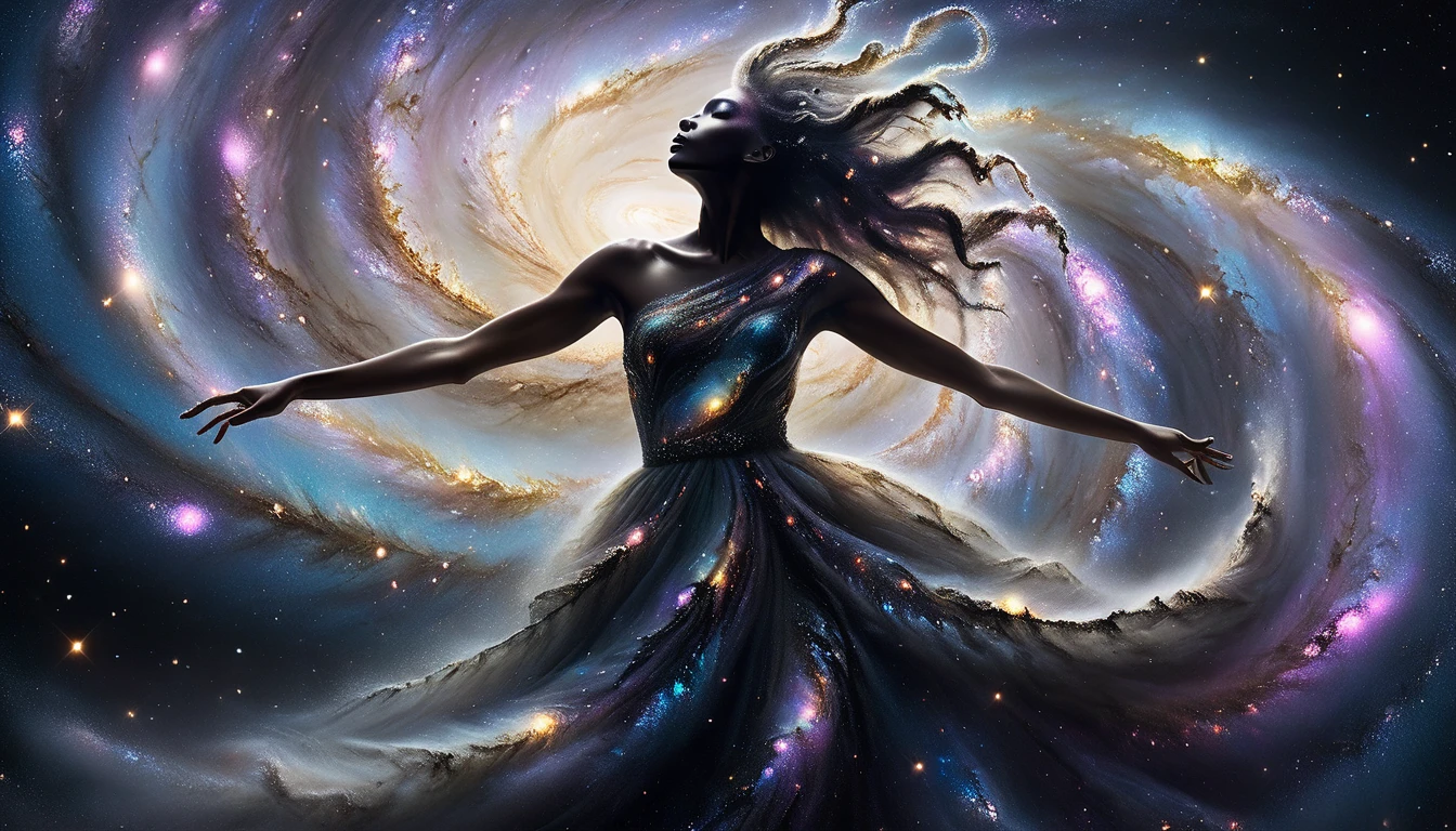 (masterpiece, best quality:1.2),  Epic galaxy on a strange and mysterious alien palette. Very textured and detailed with dreaming lot of whirlwind multicolored and dreaming dust. (A jet-black face and body, four arms, eight glowing eyes, Milky way hair, galaxy printed black dress), Androgynous, A mysterious being emerges from the center of the whirlwind, screaming, 