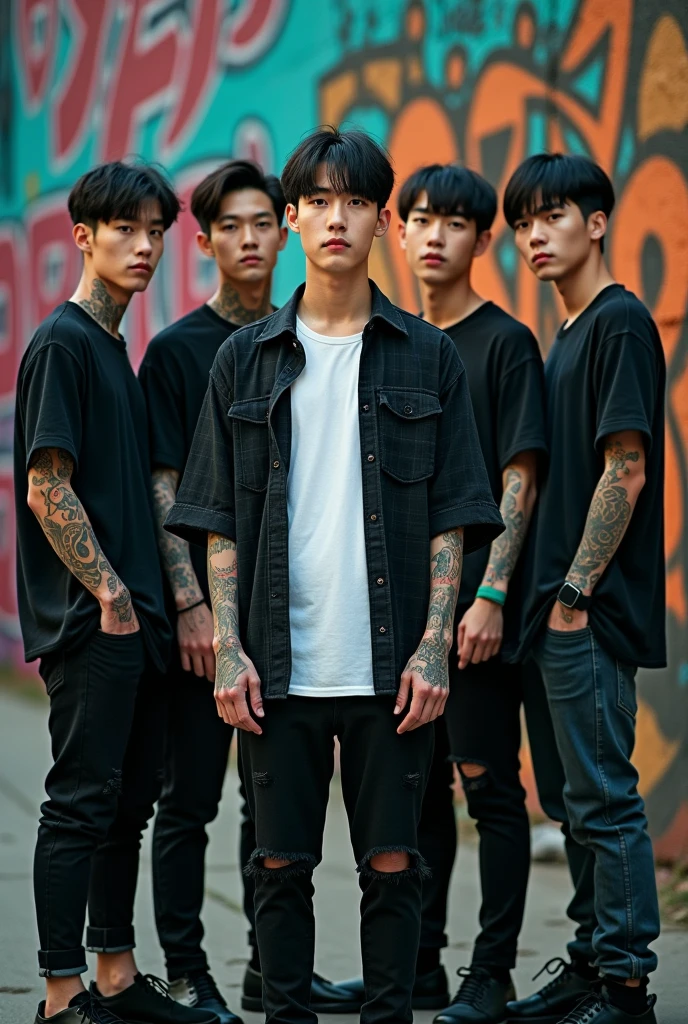 there are five men with tattoos on their arms and chest, with tattoos, of taiwanese girl with tattoos, south korean male, asian features, six packs, on beach, of a shirtless, tattoo, slide show, cute boys, inspired by Gang Se-hwang, six pack, inked, asian male, six-pack, portrait shot, arms covered in gang tattoo, shirtless