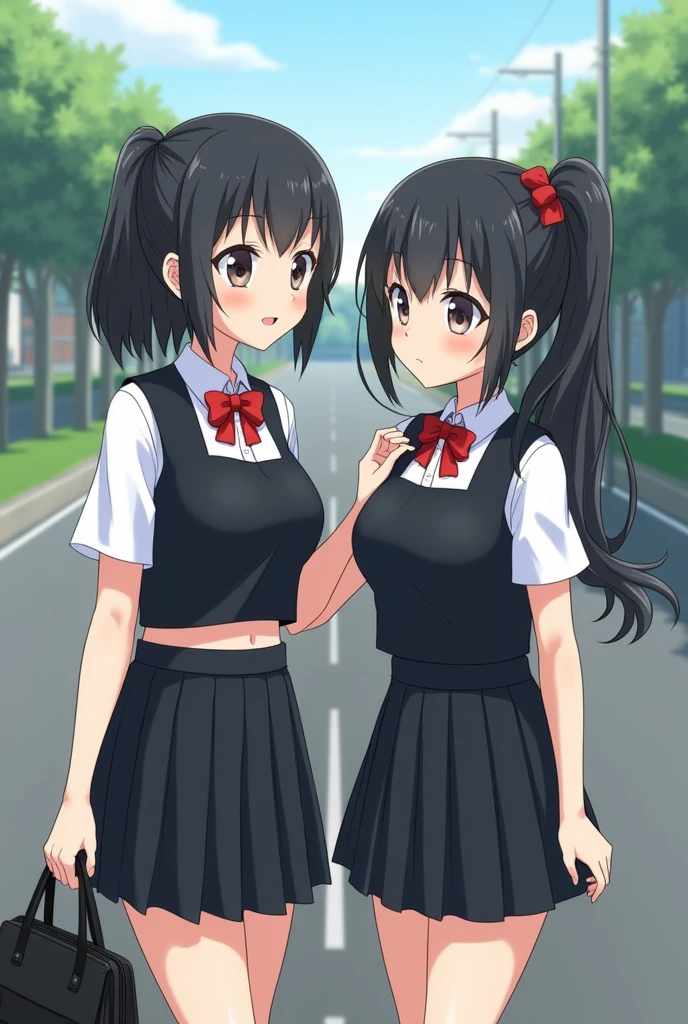 ((Highest quality, High resolution, masterpiece, detailed)), Cowboy Shot, Written boundary depth, View your audience, Anatomically correct, １people, female, Perfect Face, Cute and symmetrical face, Shiny skin, (Medium Hair, Black Hair), Chestnut brown eyes, Long eyelashes, (Large Breasts:0.8), Beautiful details, Beautiful Hair, Beautiful Face, Beautiful clavicle, Beautiful body, Beautiful breasts, Beautiful thighs, Beautiful feet, (Collared shirt, Navy blue short pleated skirt, Red bow tie, necklace, panties), (Beautiful views), evening, walk, Tree-lined street, (smile, Naughty face, Part your lips), Skirt Lift,photolab