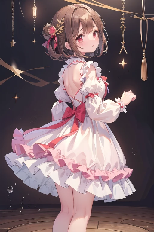 Beautiful illustrations、(cute idol dress:1.2), (masterpiece、Best Quality、8k ), (Beautiful details), Highly detailed face, Perfect lighting, Highly detailed CG, (Perfect hands, Perfect Anatomy), One cute girl,Girl, Cute Face, Tears((Serious)), amount, Bobcut, Brown Hair, ((Swept-apart bangs)), Red eyes, Angled eyebrows, thin,  full body、arched back