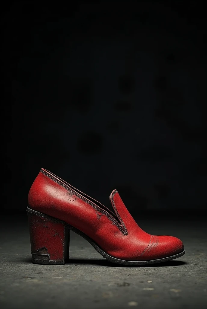 A red shoe with a cracked heel in the darkness 